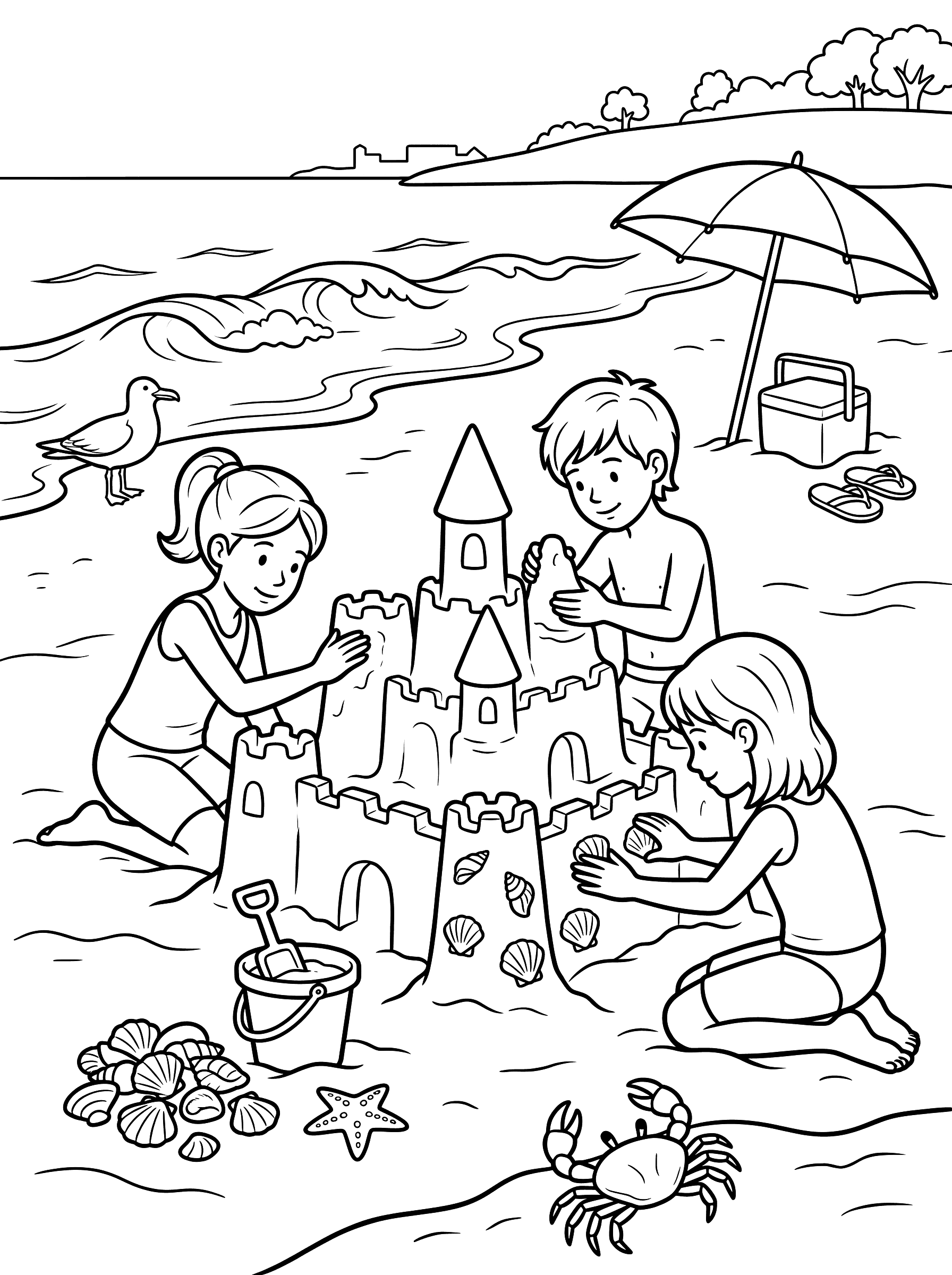 Kids Building Giant Sandcastle on Beach Coloring Page