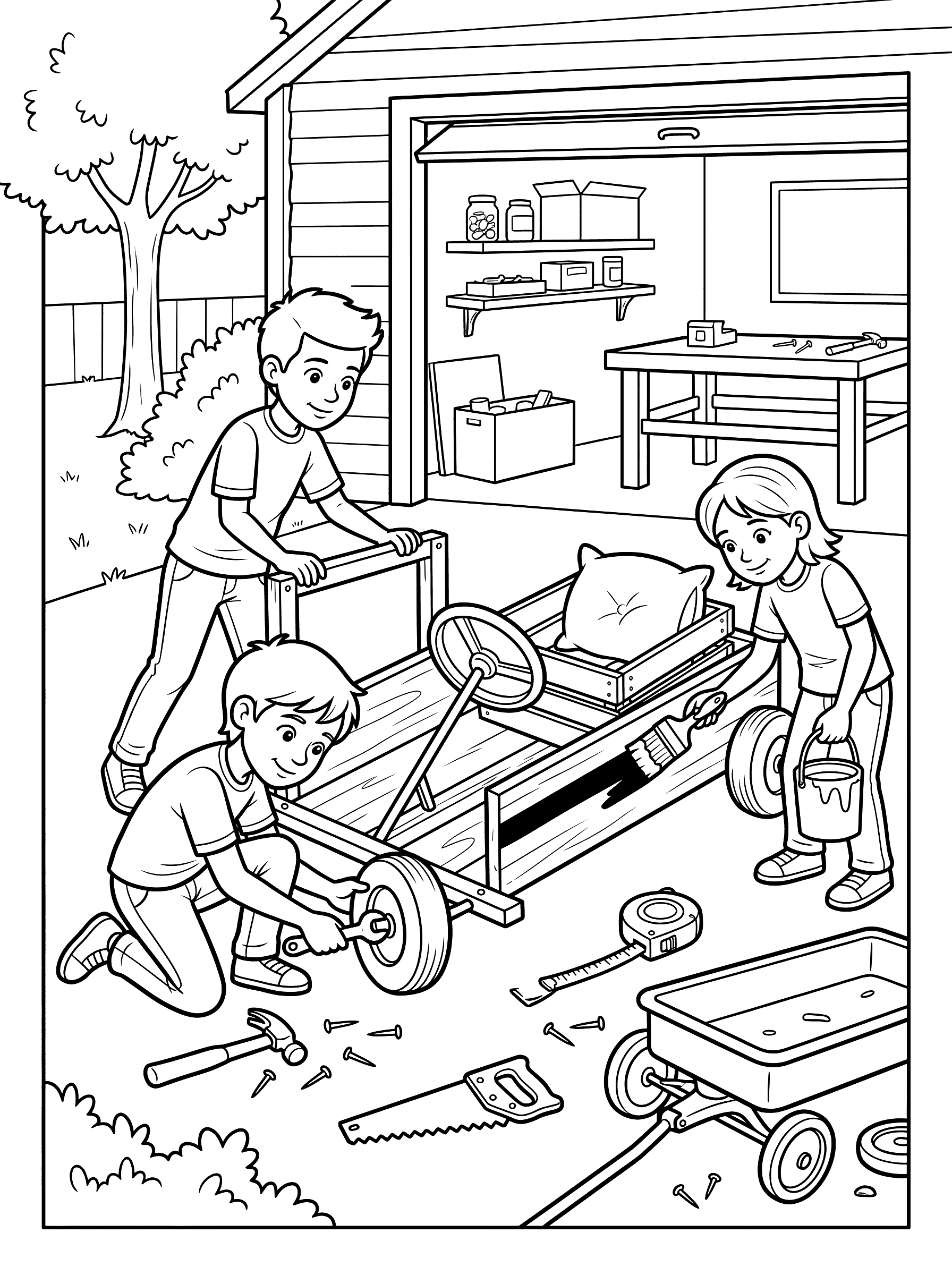 Kids Building Go-Kart in Driveway Coloring Page
