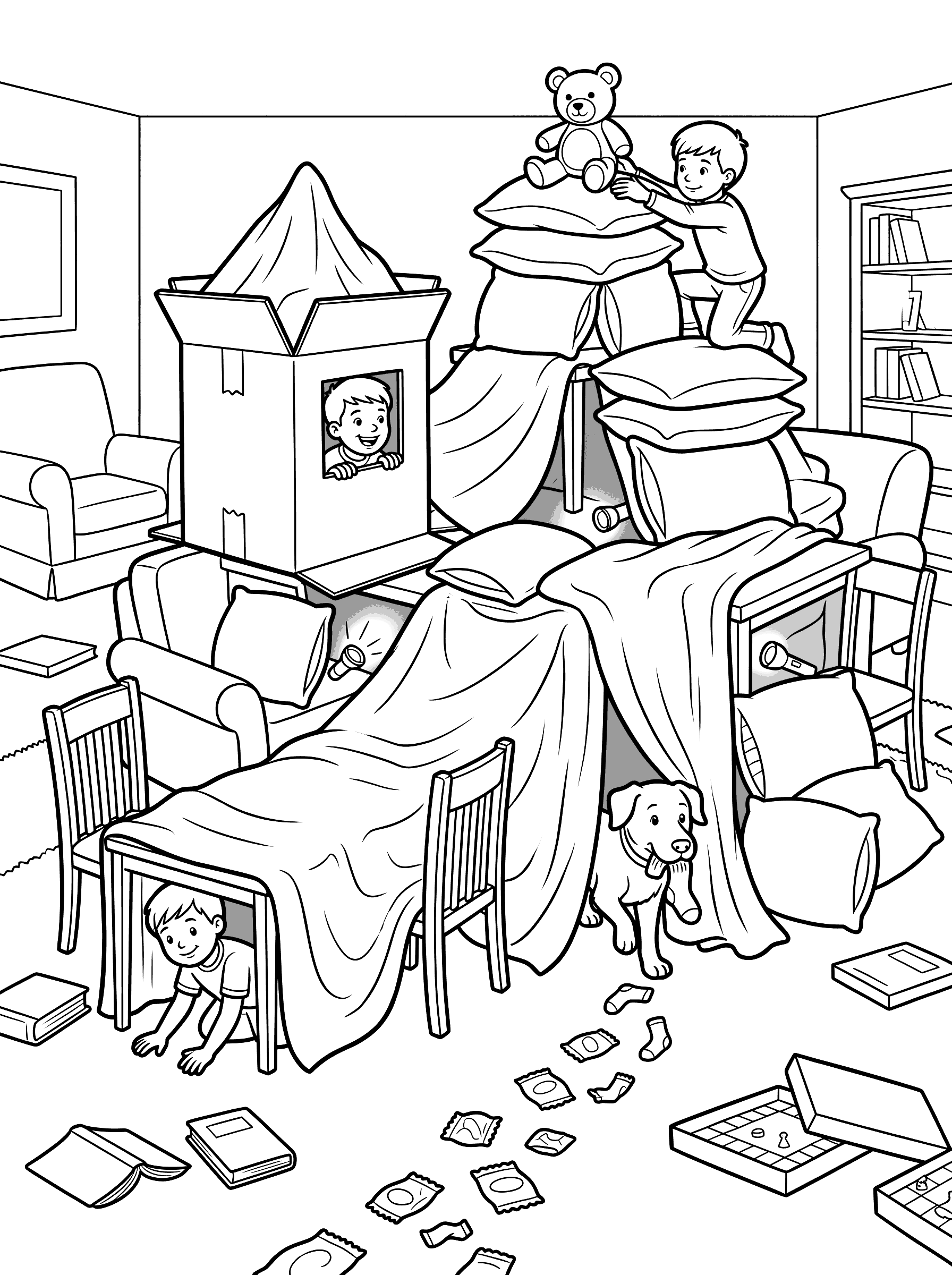 Kids Building Pillow Fort in Living Room Coloring Page