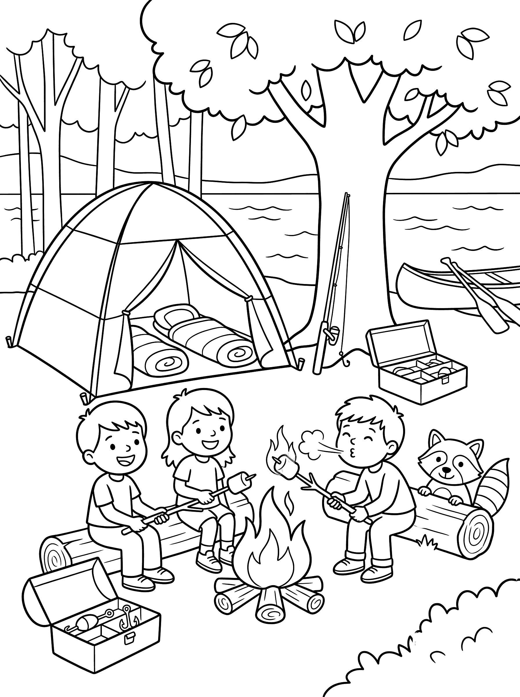 Kids Camping by Lake with Campfire and Marshmallows Coloring Page