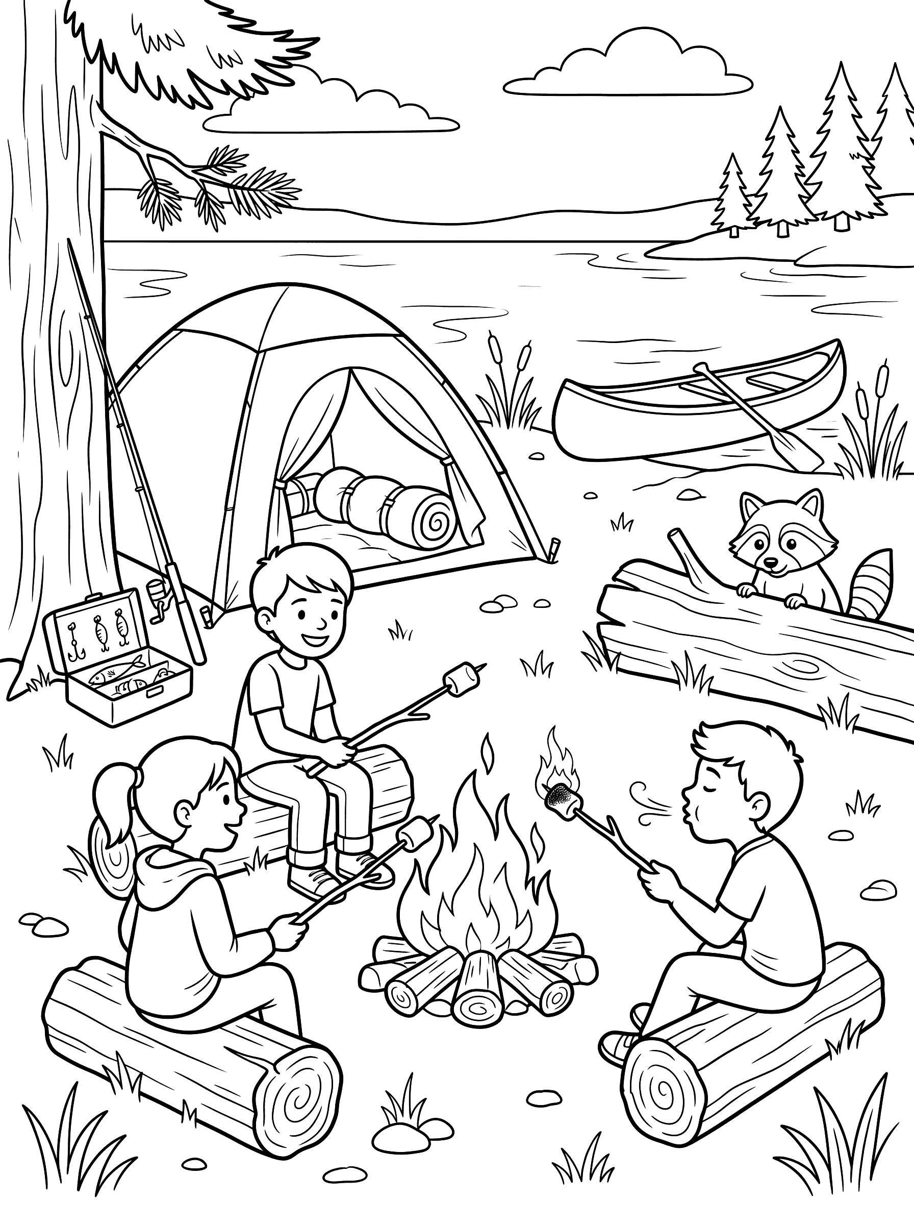 Kids Camping by Lake with Campfire and Marshmallows Coloring Page