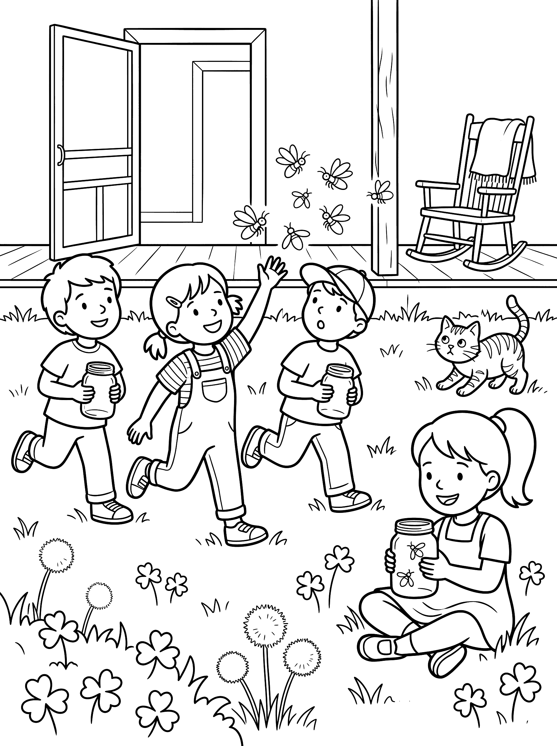Kids Catching Fireflies at Dusk Coloring Page