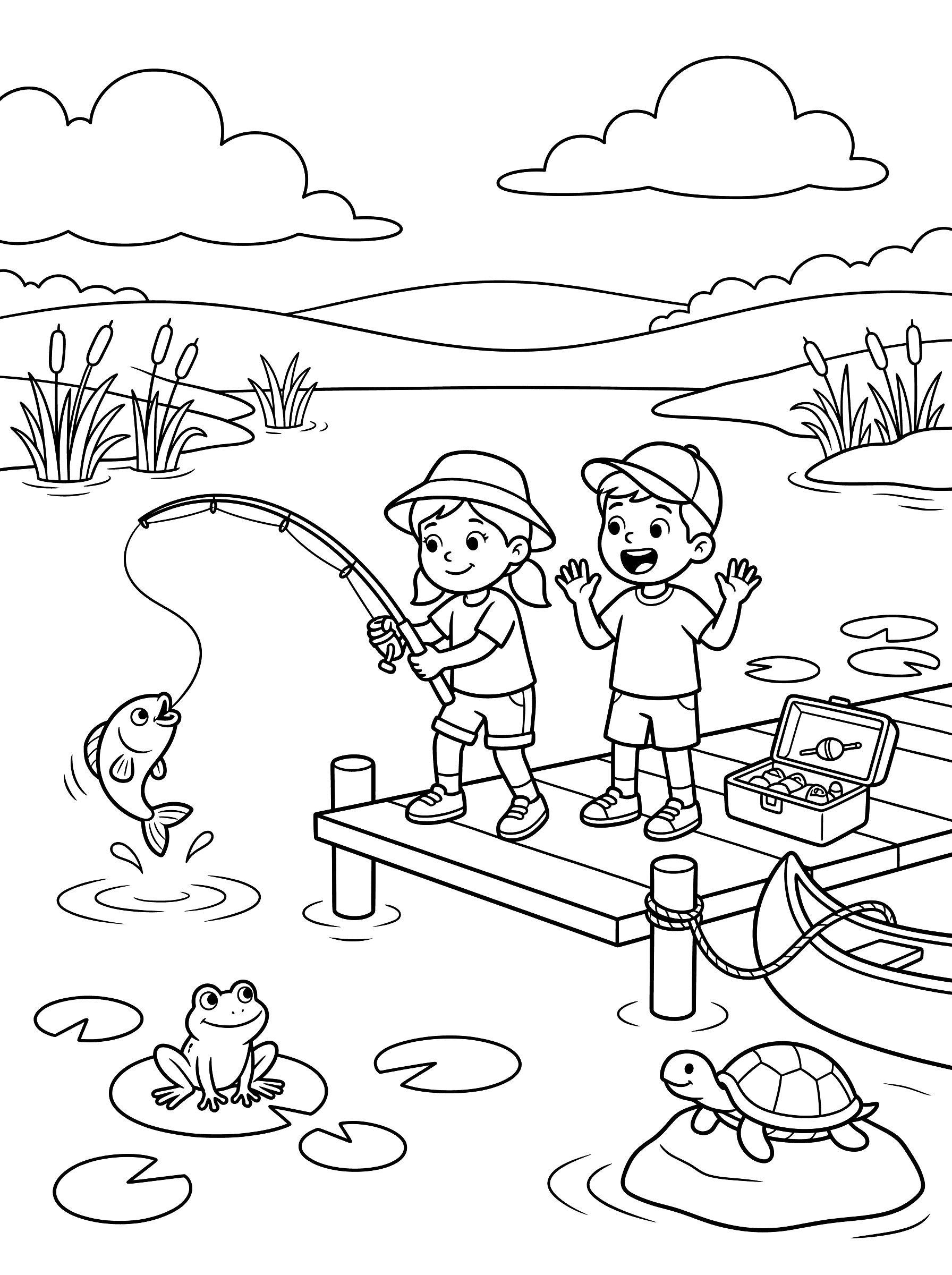 Kids Fishing at the Lake Coloring Page