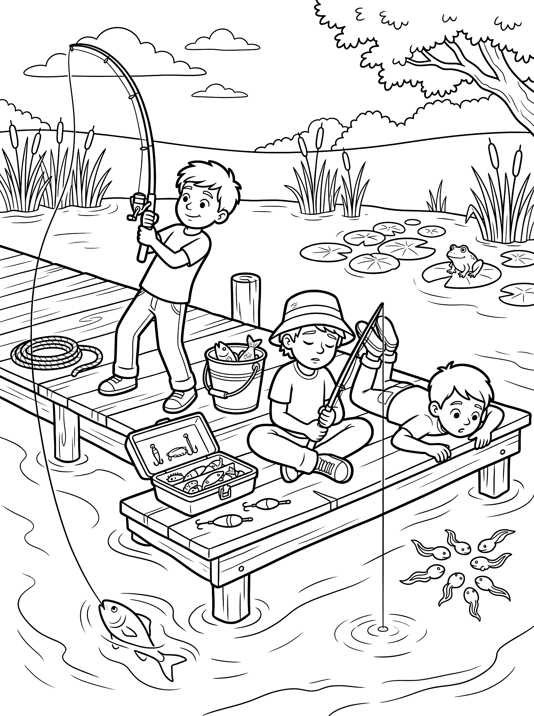 Kids Fishing on Wooden Dock Coloring Page