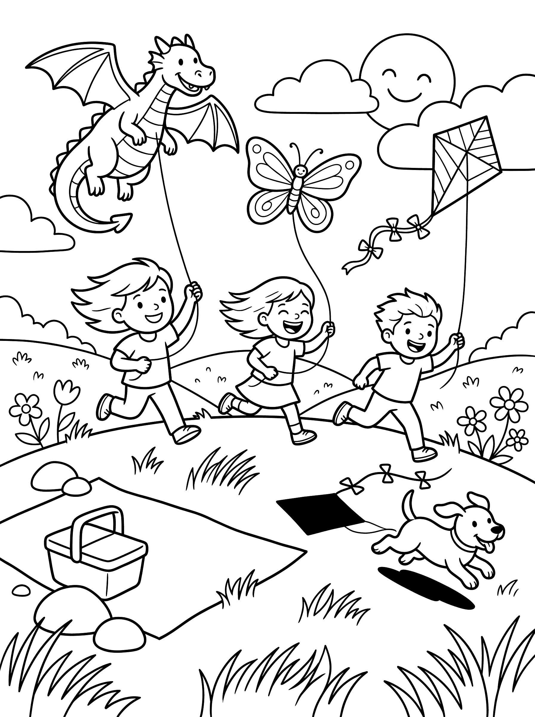 Kids Flying Kites on Hilltop Coloring Page
