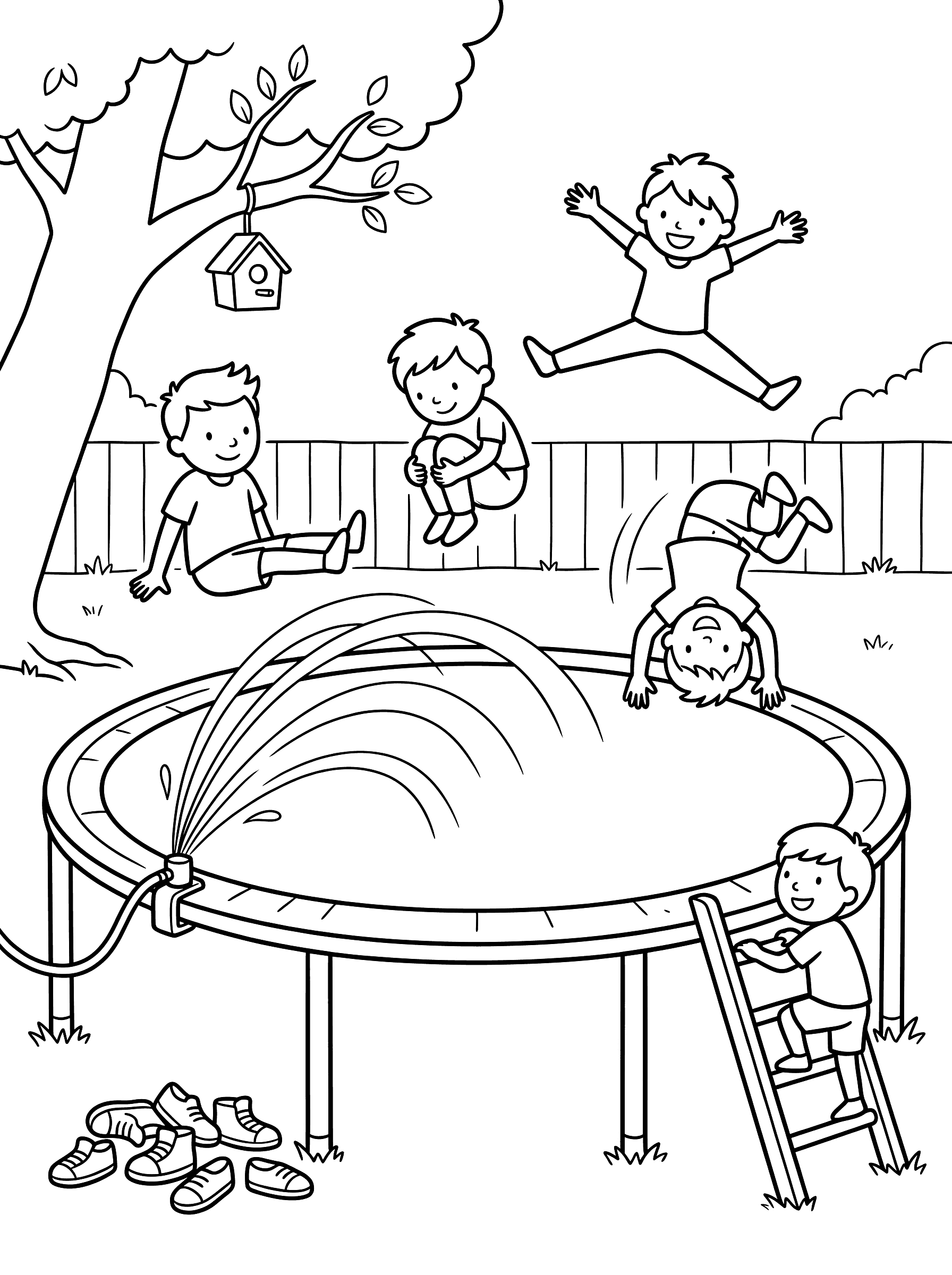 Kids Jumping on Trampoline with Sprinkler Coloring Page