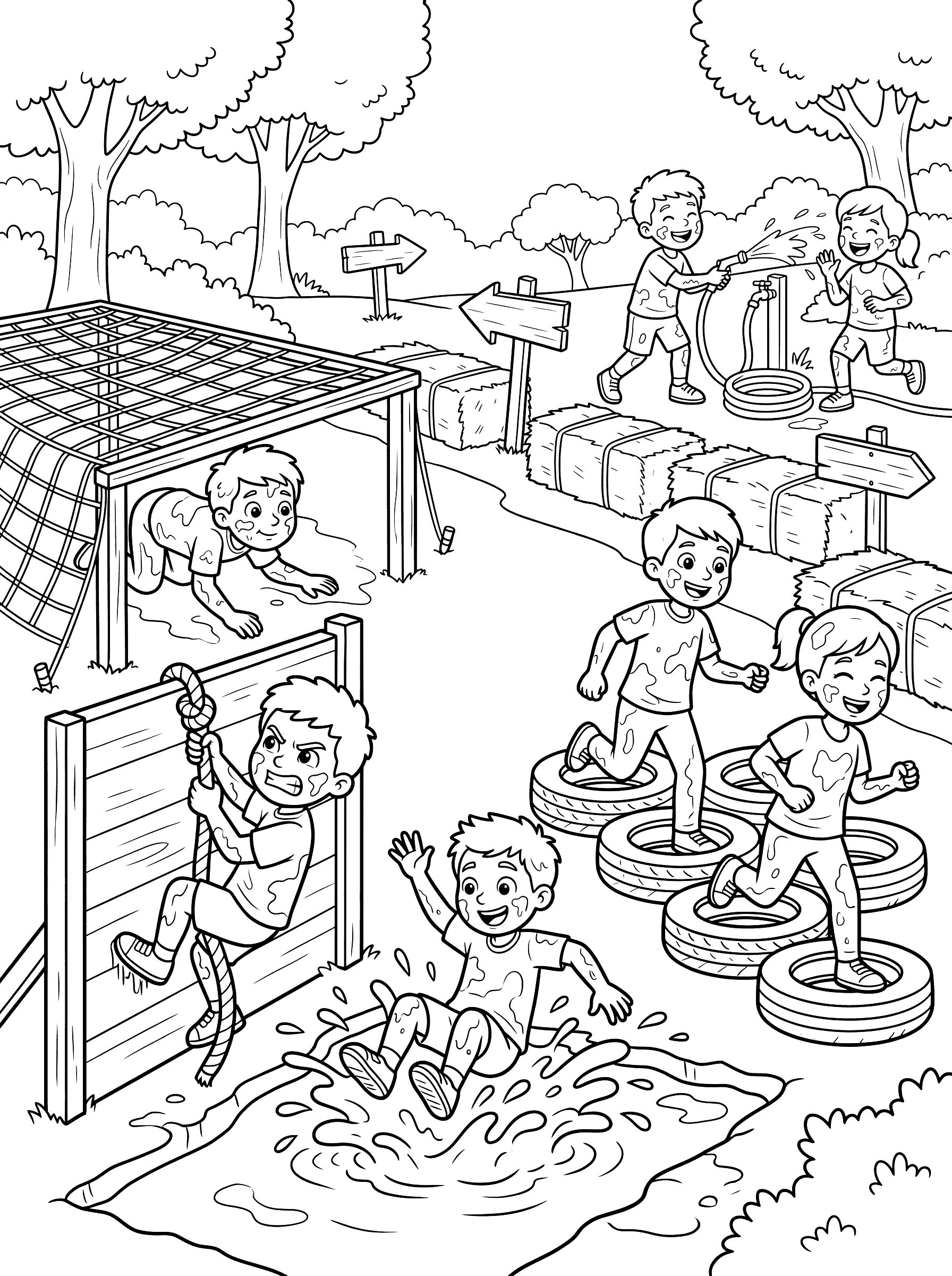Kids Mud Run Obstacle Course Coloring Page