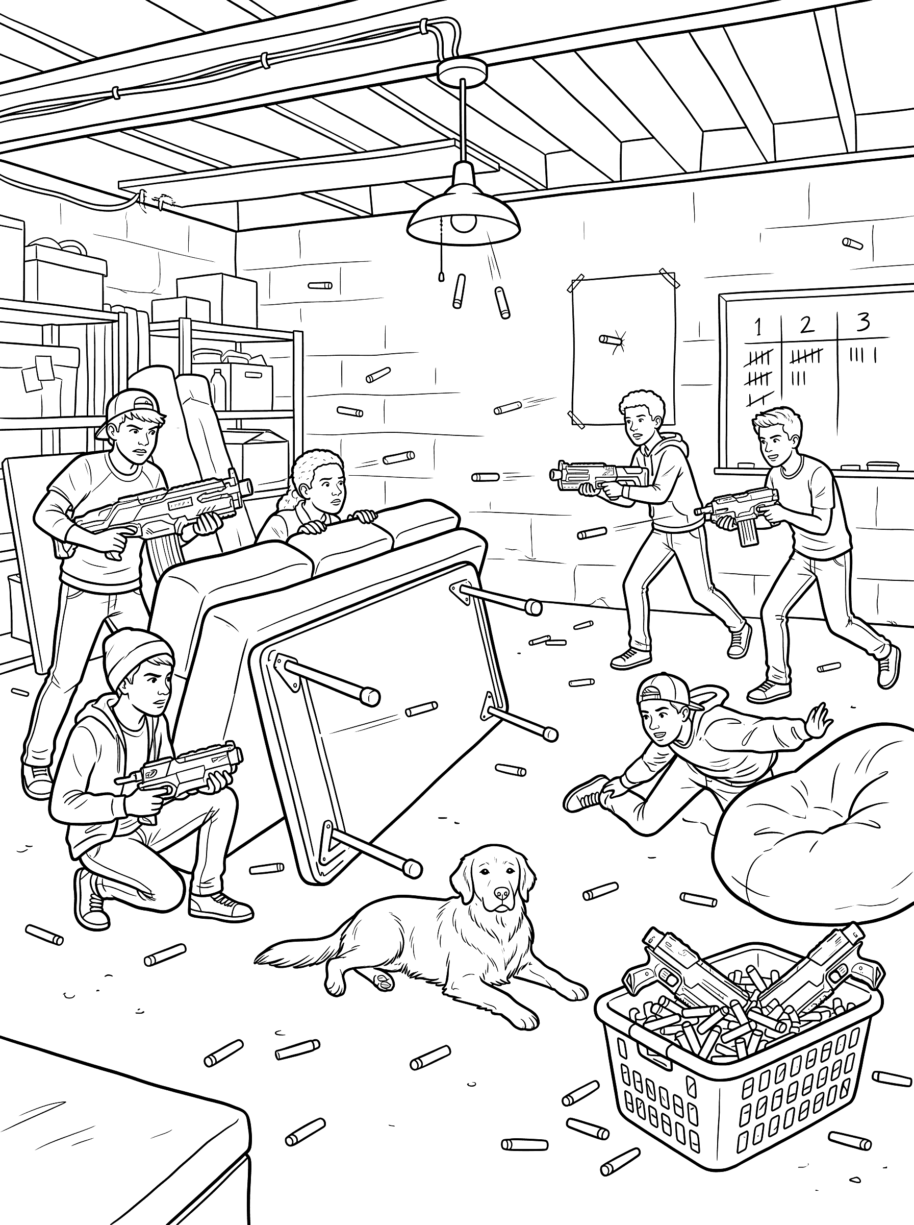 Kids Nerf Battle in Basement Coloring Page
