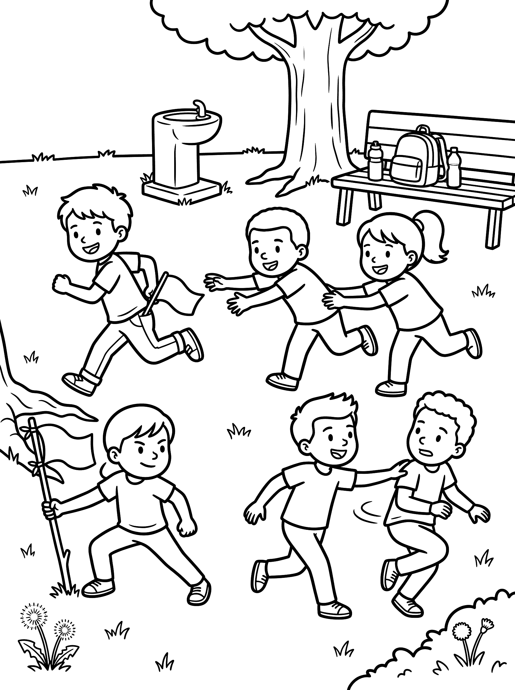 Kids Playing Capture the Flag in Park Coloring Page
