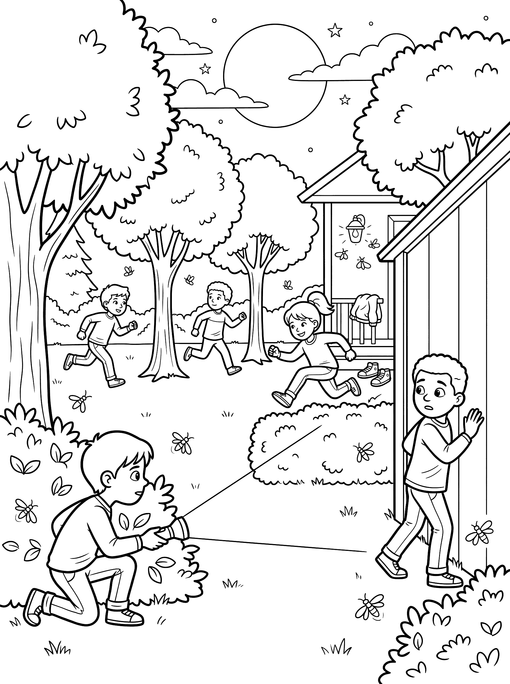Kids Playing Flashlight Tag at Night Coloring Page