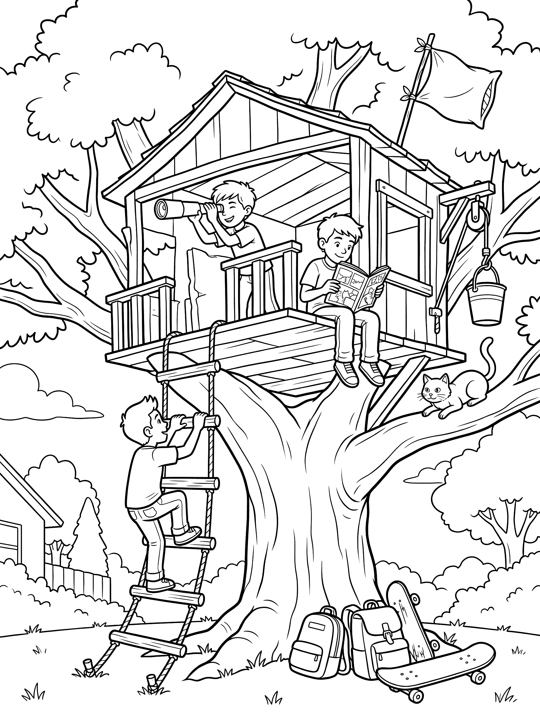 Kids Playing in Backyard Treehouse Adventure Coloring Page