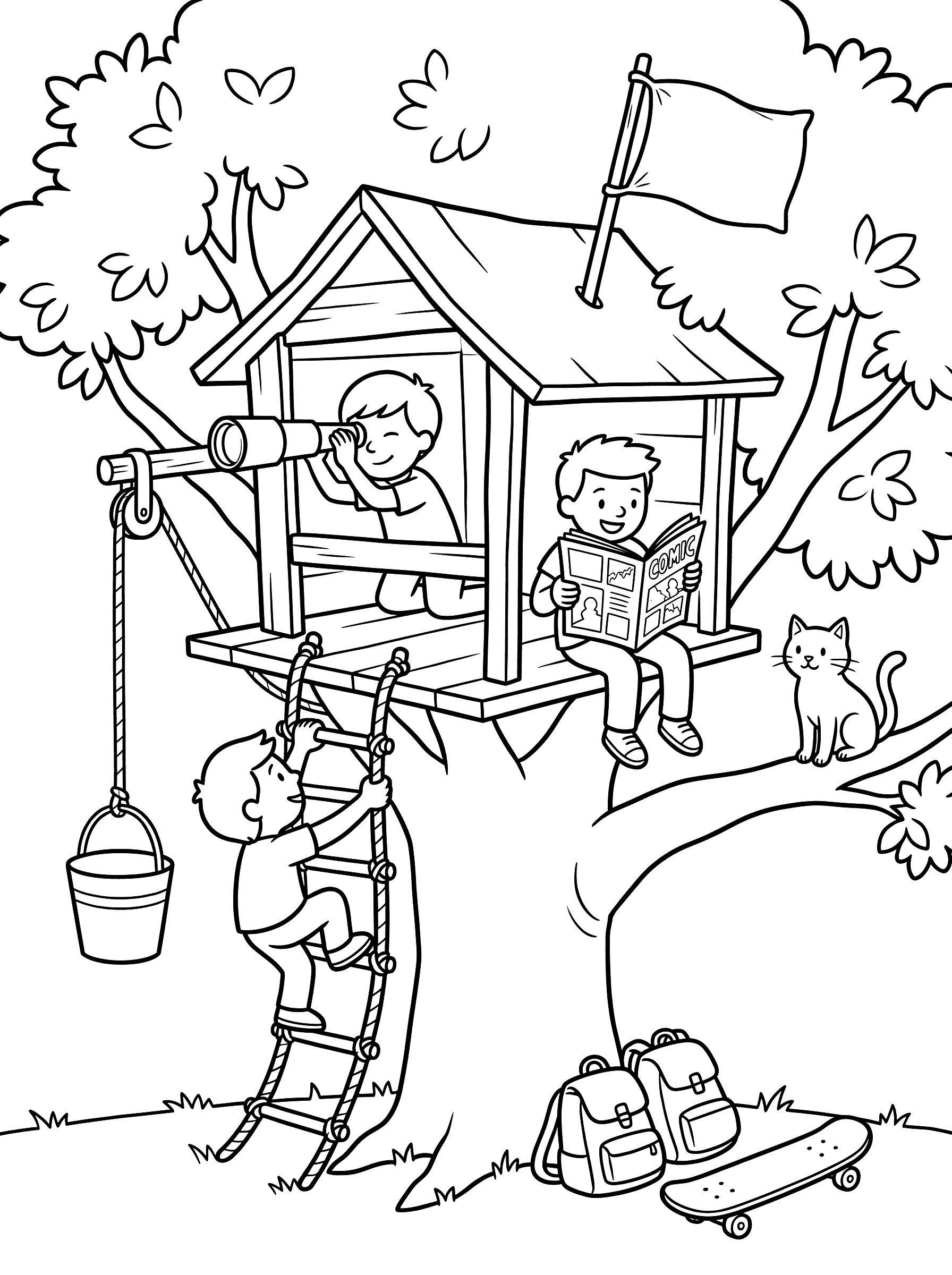 Kids Playing in Backyard Treehouse Coloring Page