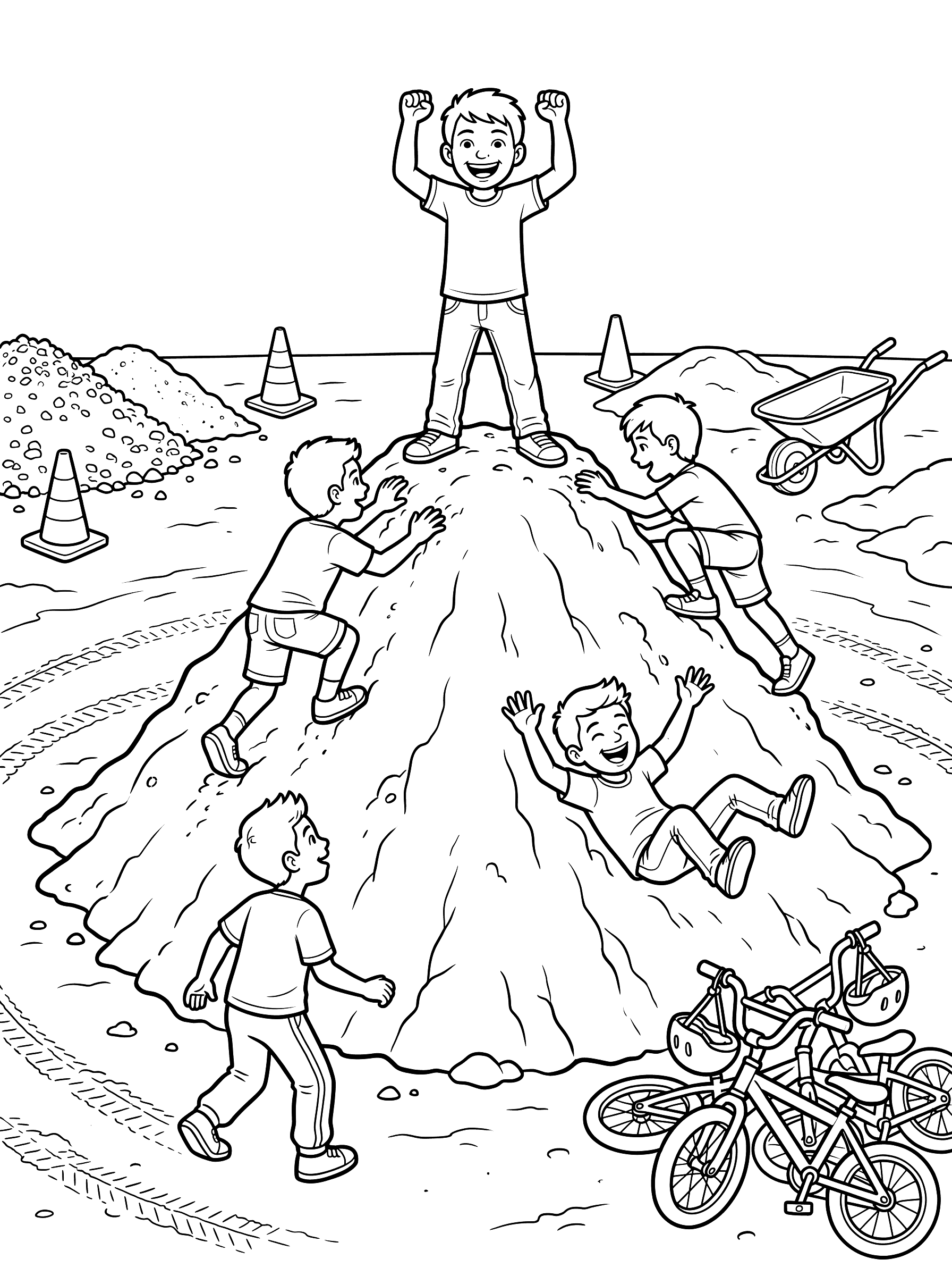 Kids Playing King of the Hill Construction Site Coloring Page