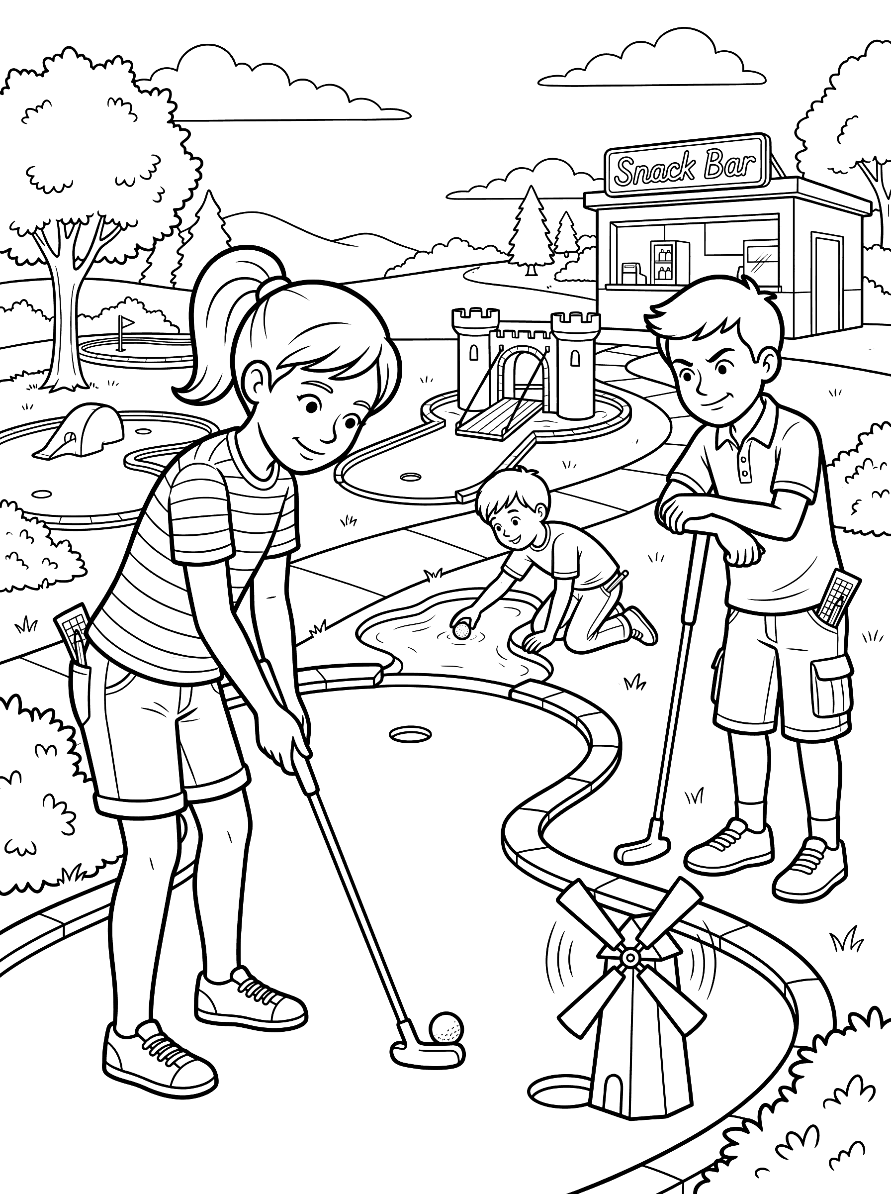 Kids Playing Mini Golf Course Coloring Page
