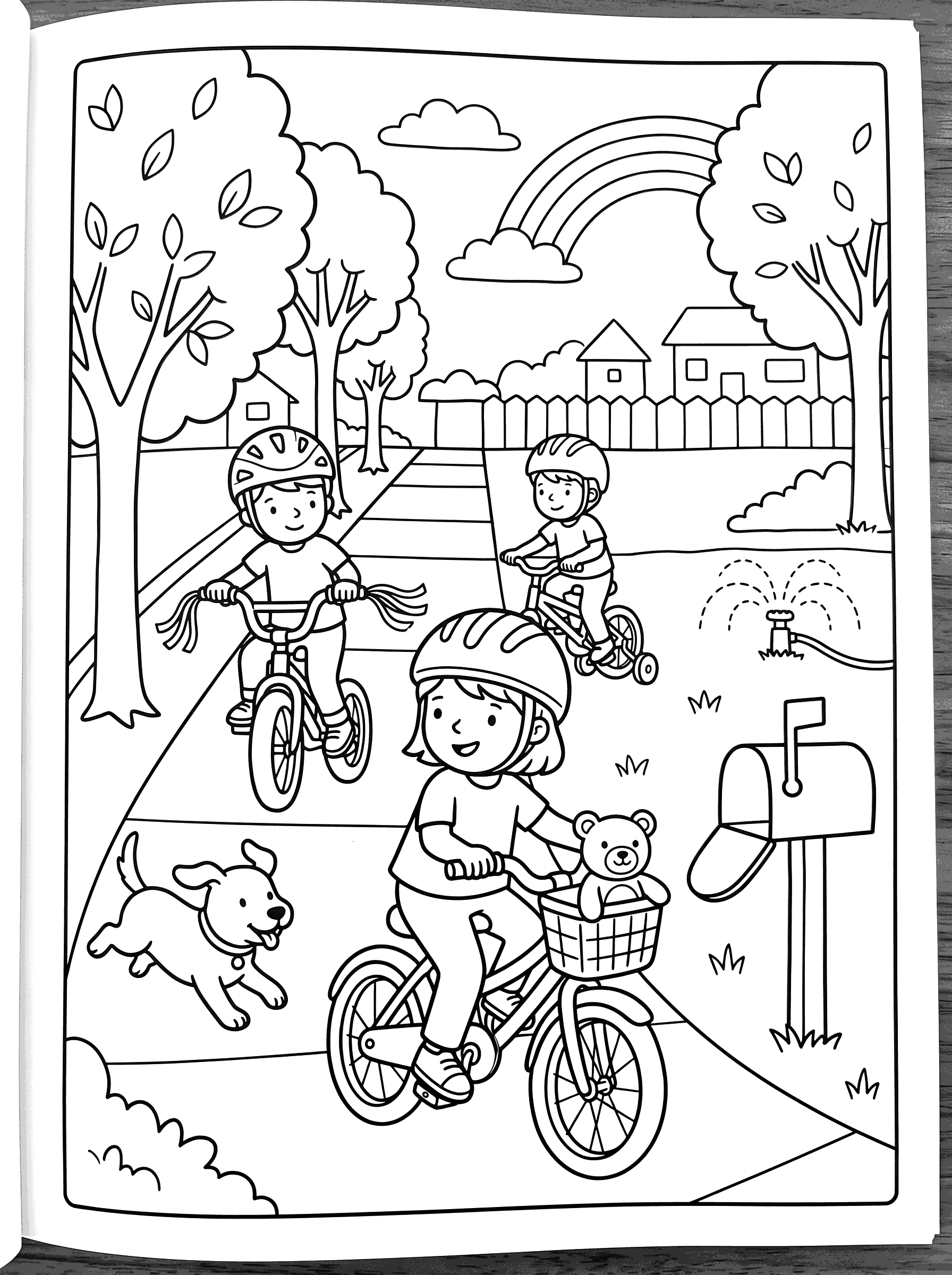 Kids Riding Bikes in Neighborhood Street Coloring Page