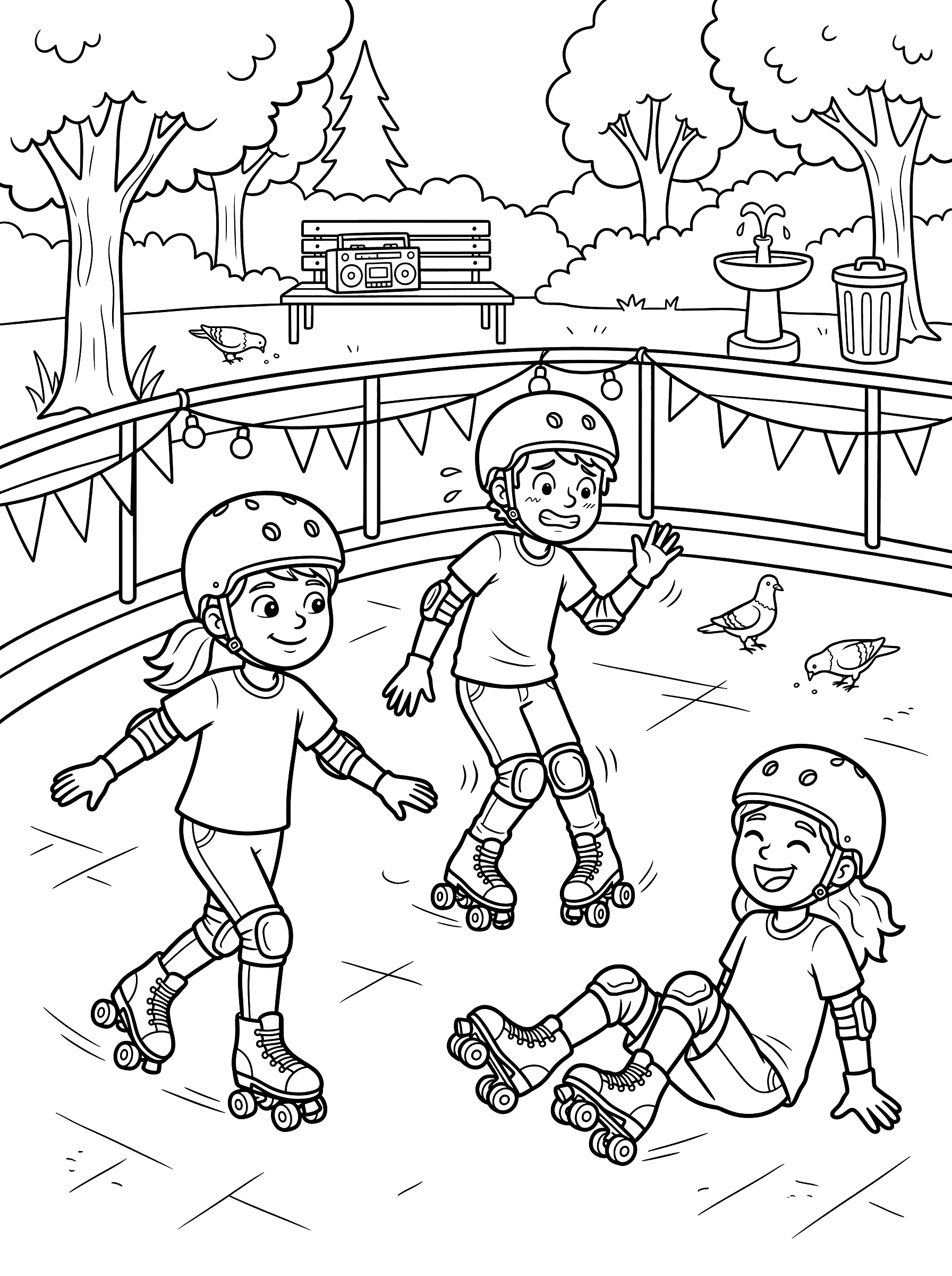 Kids Roller Skating at Outdoor Rink Coloring Page