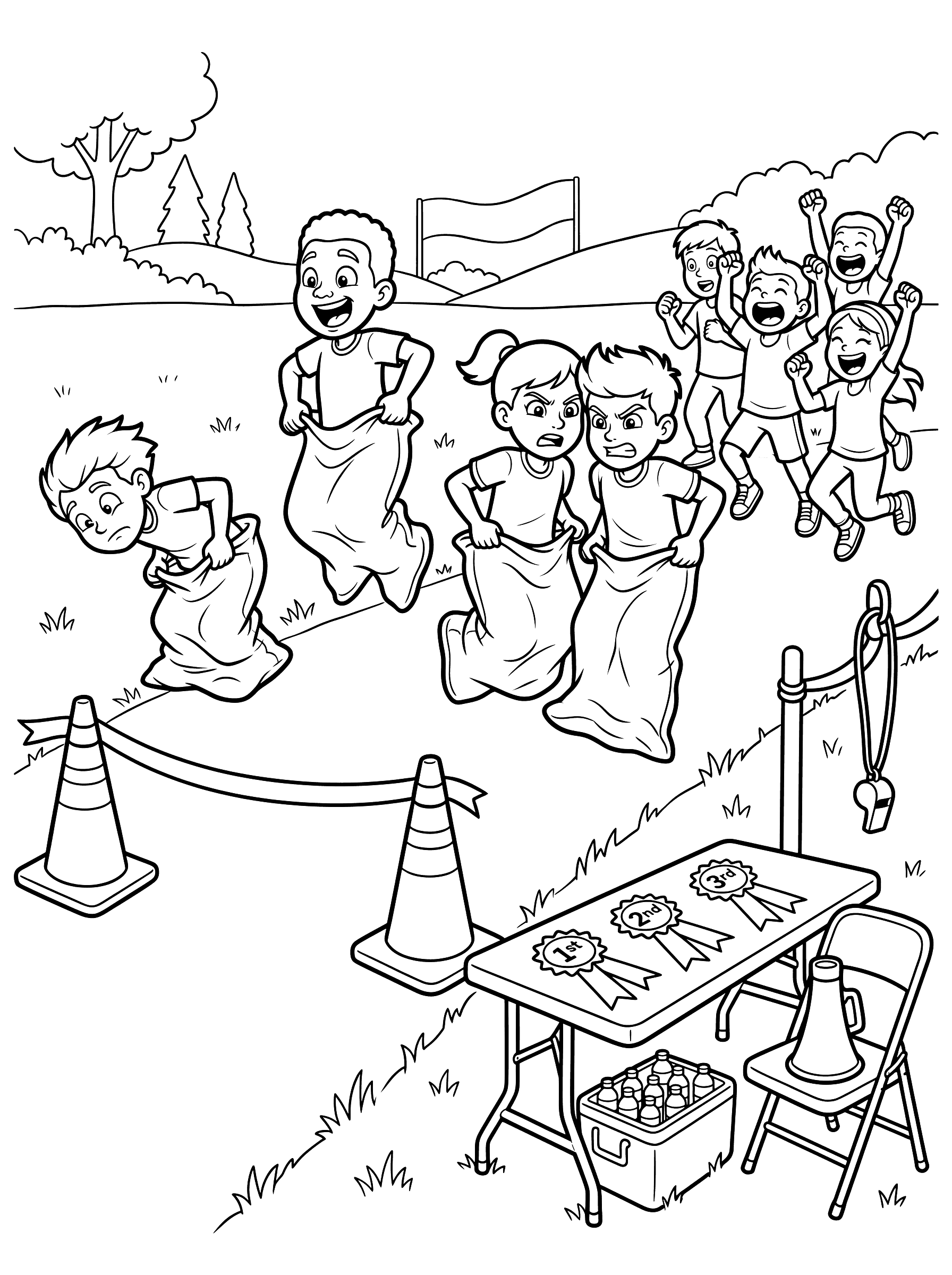 Kids Sack Race Field Day Competition Coloring Page