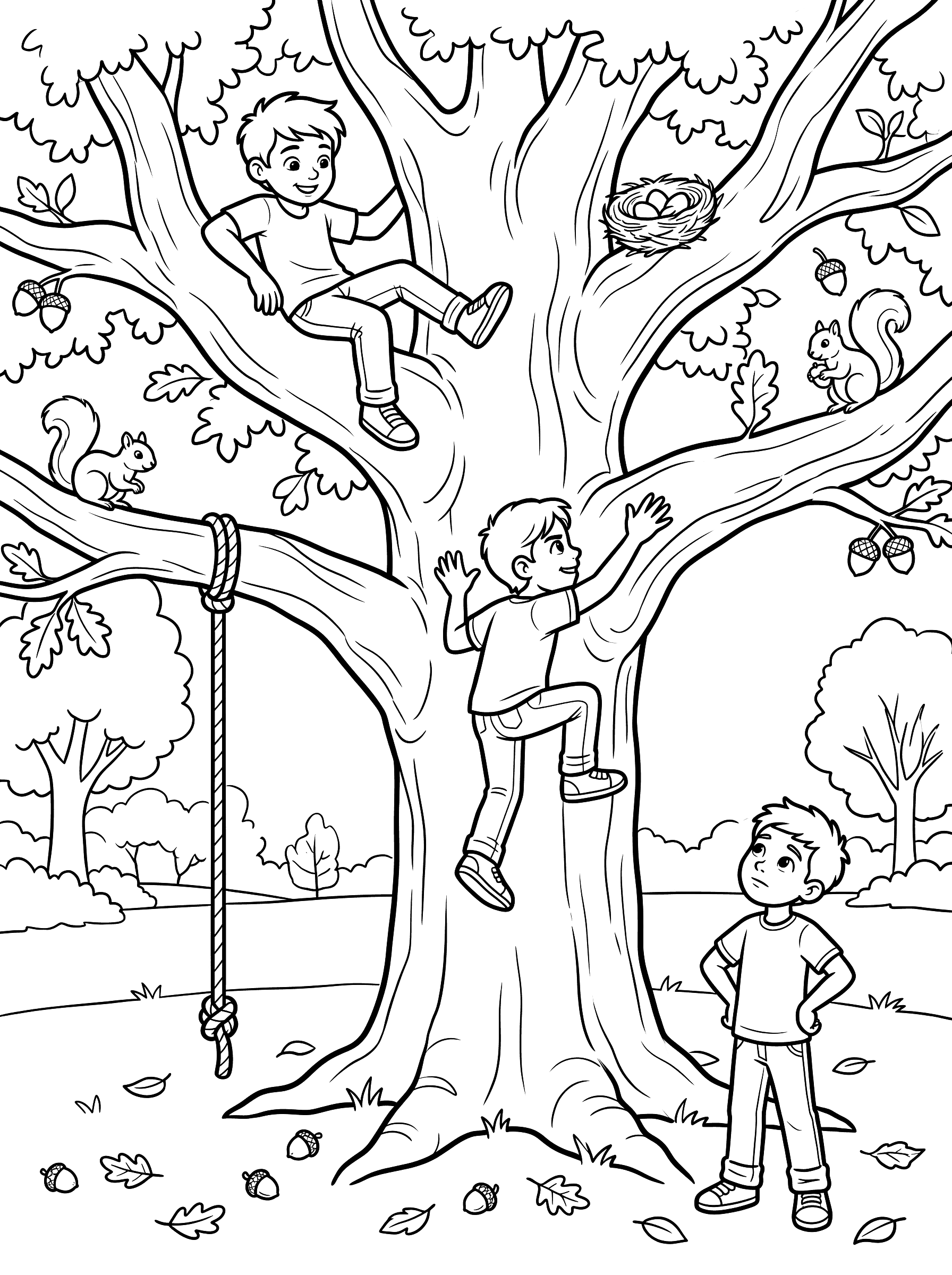 Kids Tree Climbing Adventure in Park Coloring Page