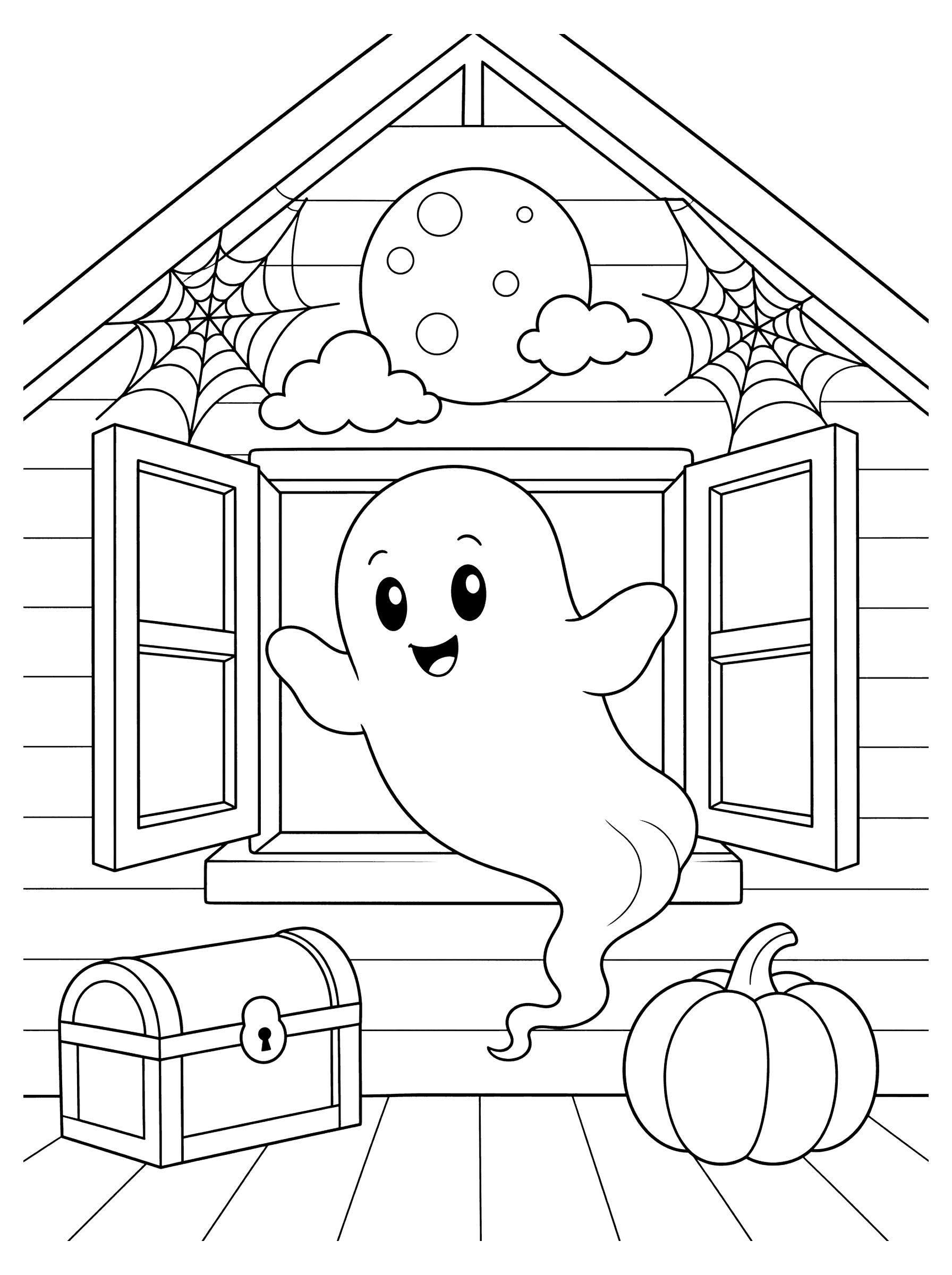 Little Ghost Floating Through Attic Window Coloring Page