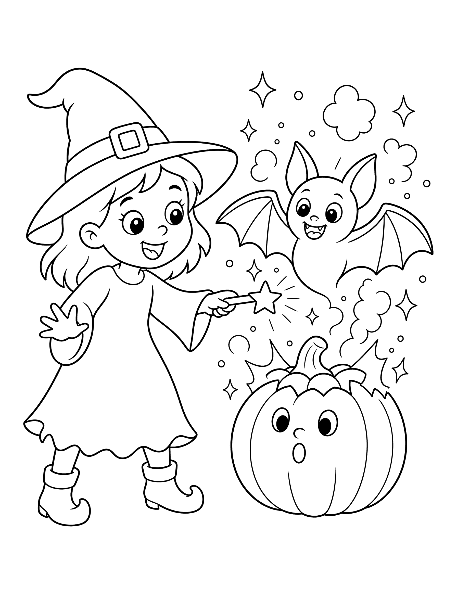 Little Witch Casting Pumpkin to Bat Spell Coloring Page