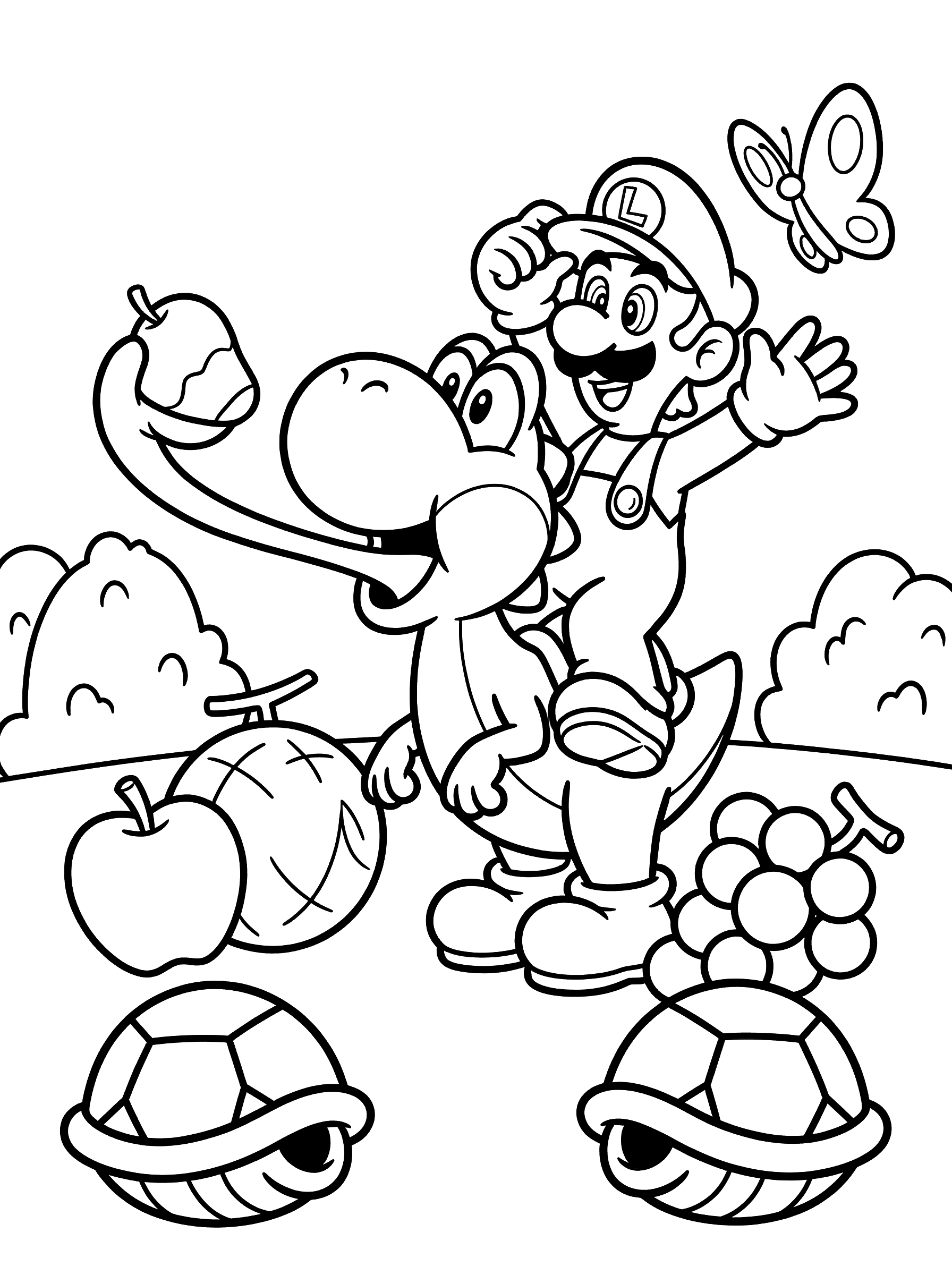 Luigi and Yoshi with Fruits Coloring Page