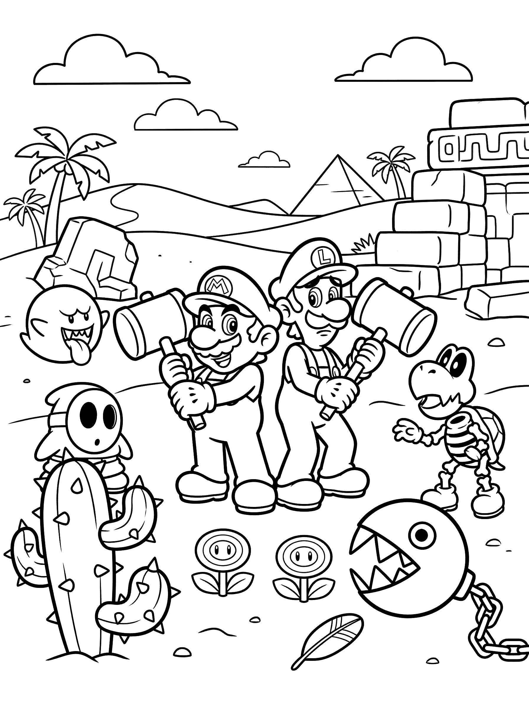 Mario and Luigi Battle Pose with Enemies Coloring Page