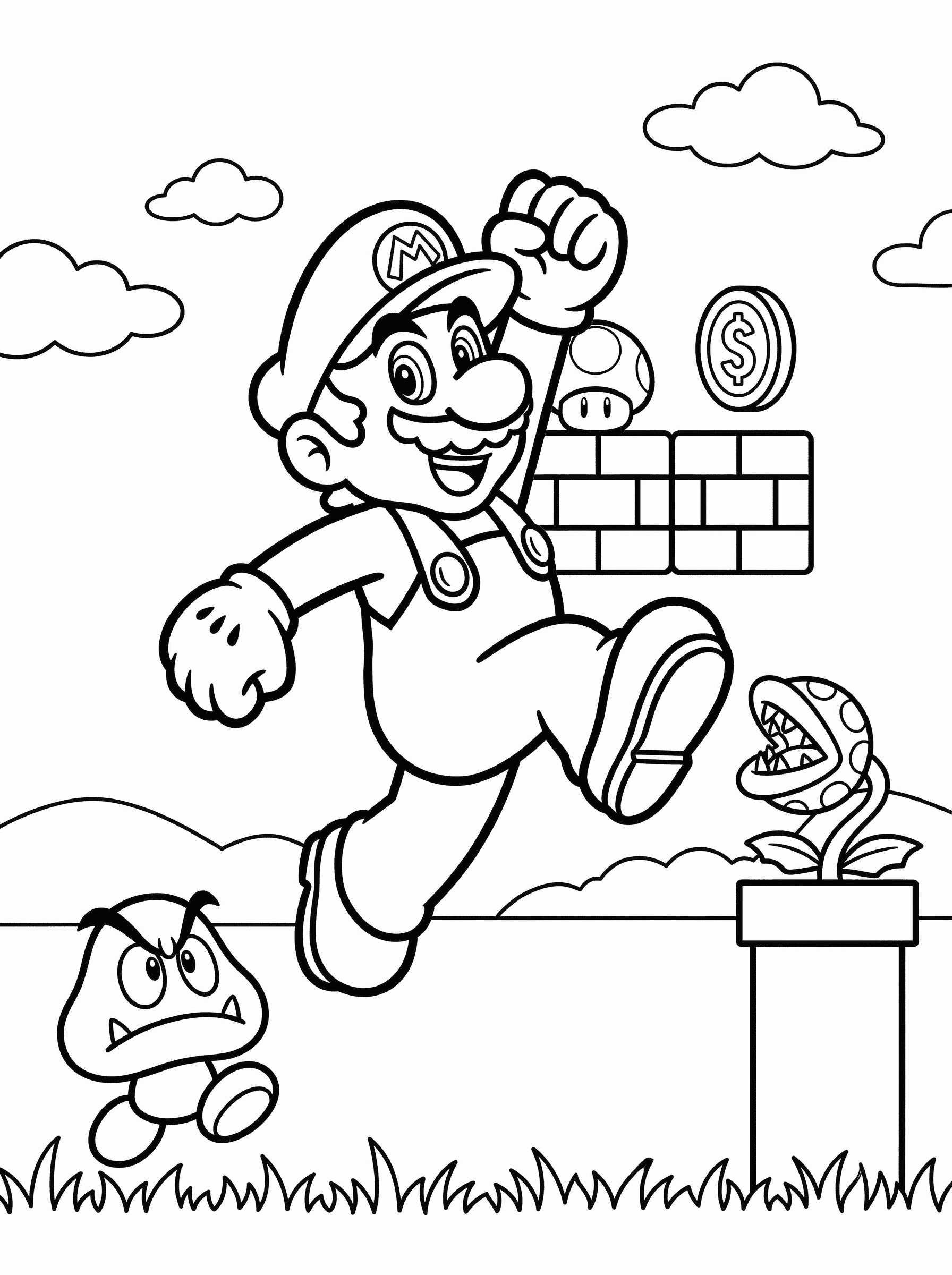 Mario Jumping Over Brick Blocks Adventure Scene Coloring Page