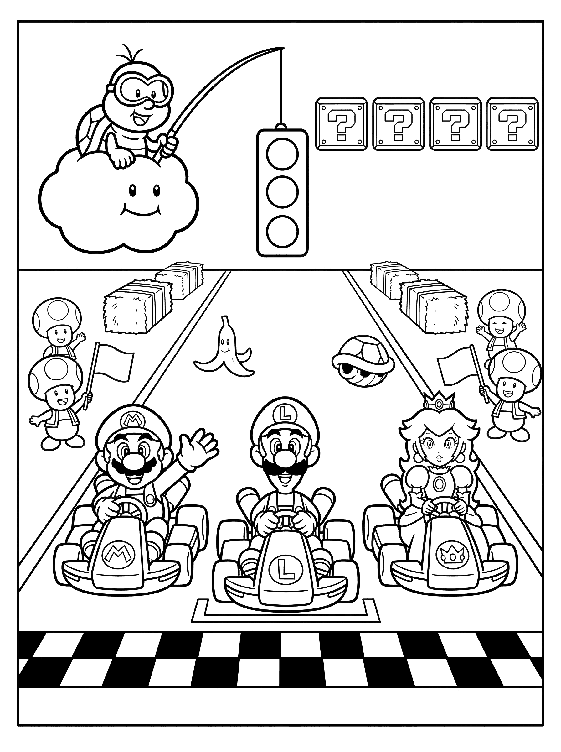 Mario Kart Race Scene with Mario Luigi and Princess Peach Coloring Page