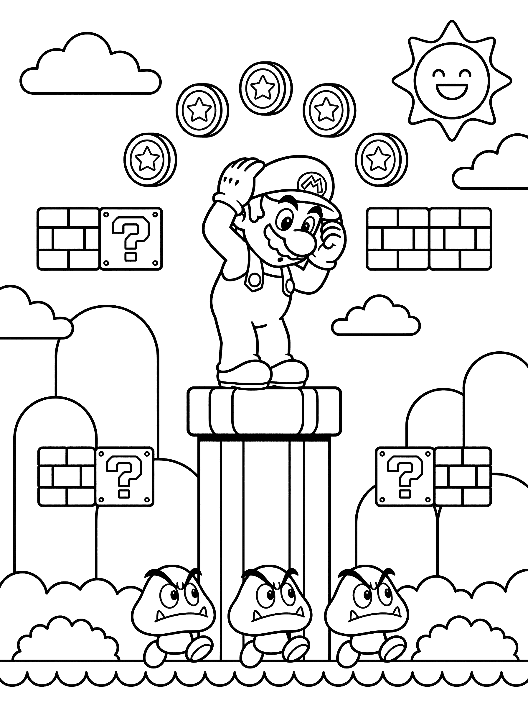 Mario on Warp Pipe with Goombas and Blocks Coloring Page