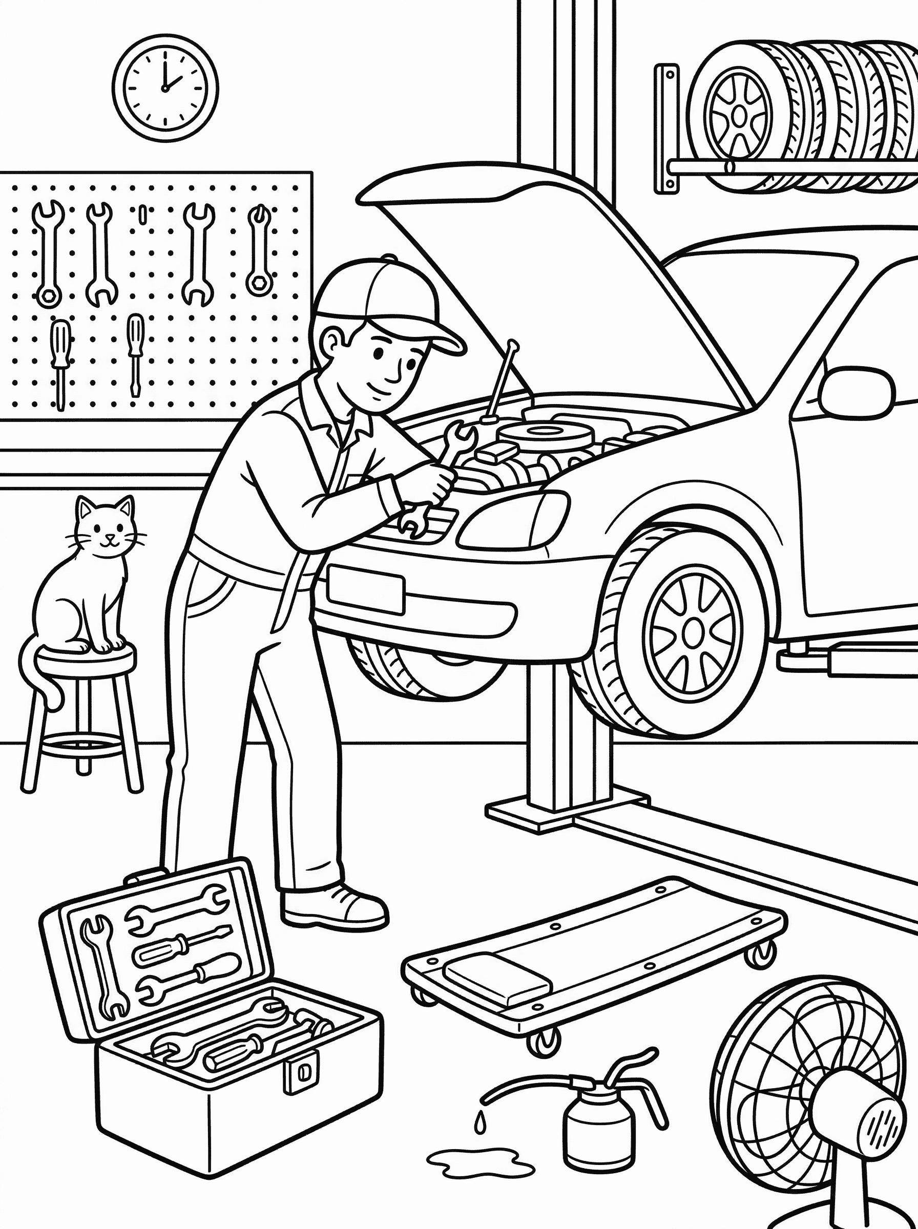 Mechanic Working Under Car Hood in Garage Coloring Page