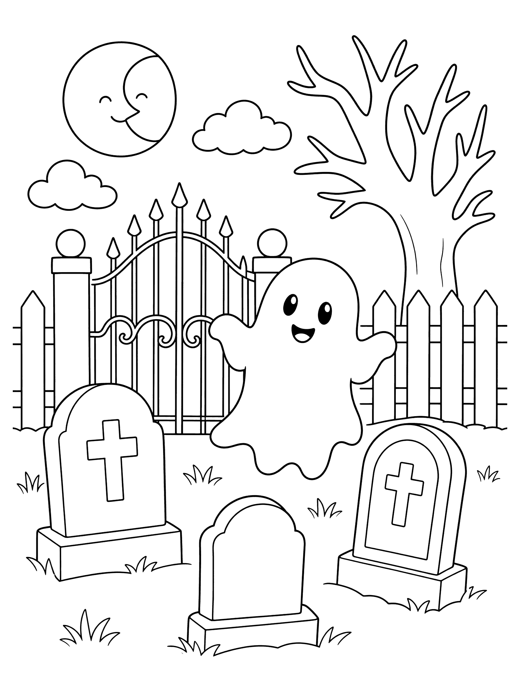 Moonlit Graveyard With Ghost Coloring Page