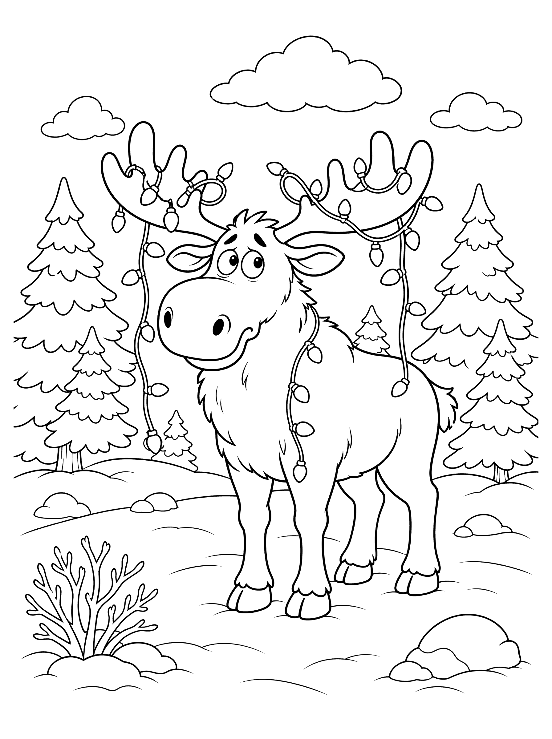 Moose With Tangled Christmas Lights Coloring Page