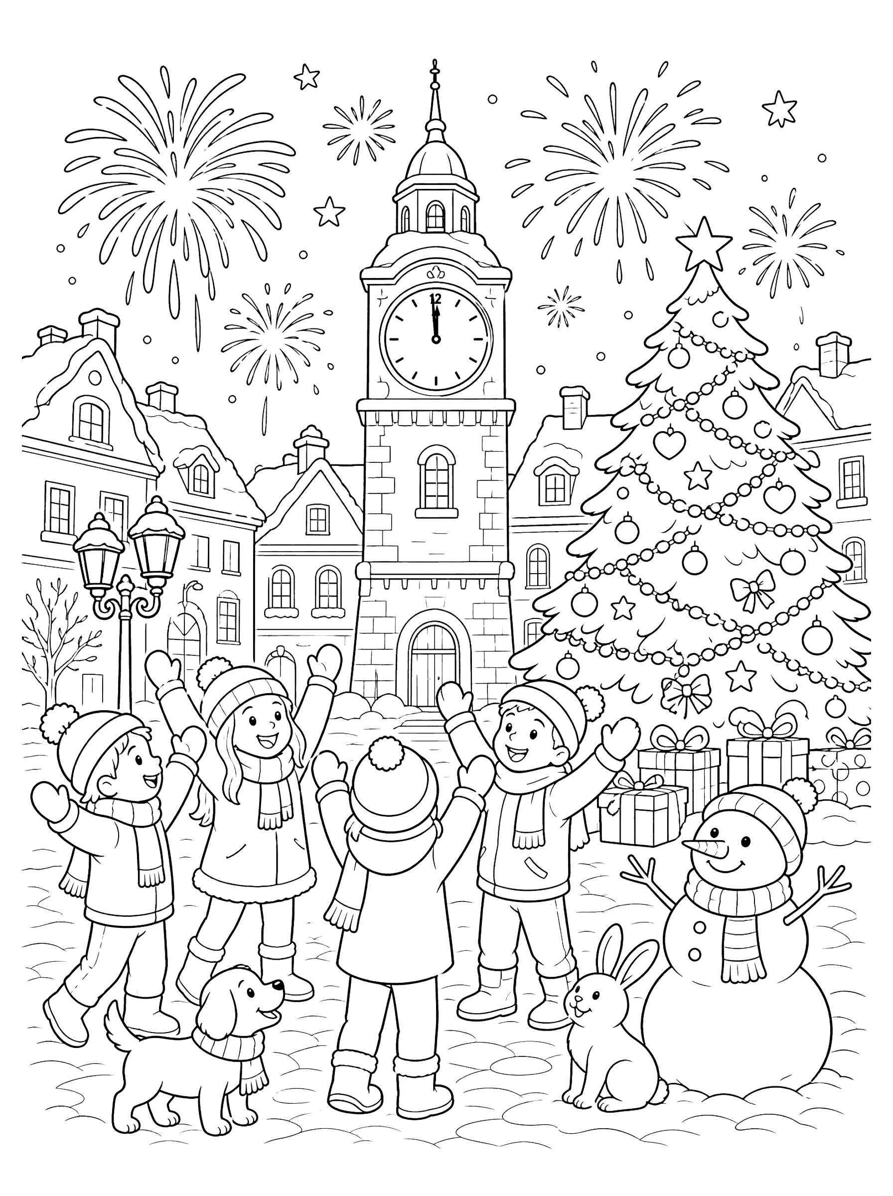 New Year's Fireworks Over Snowy Town Square Coloring Page