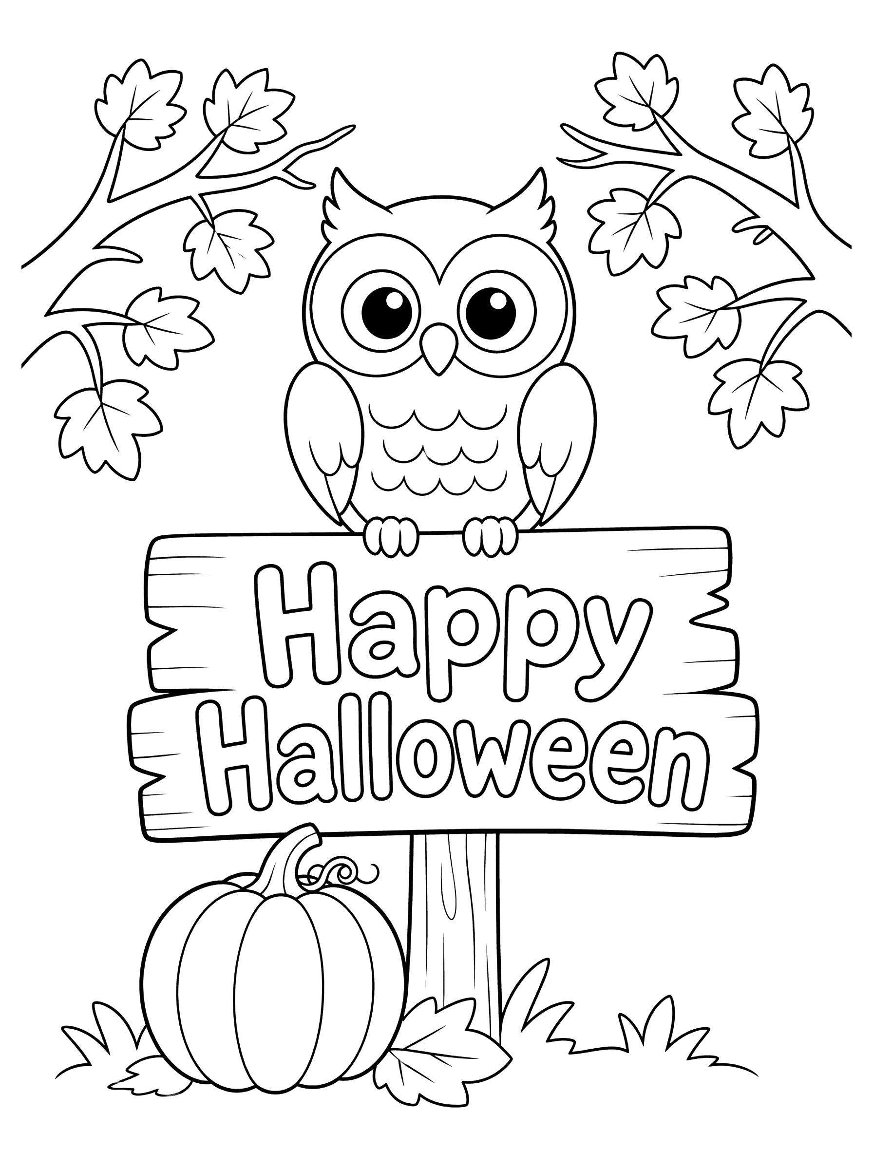 Owl on Happy Halloween Signpost Coloring Page