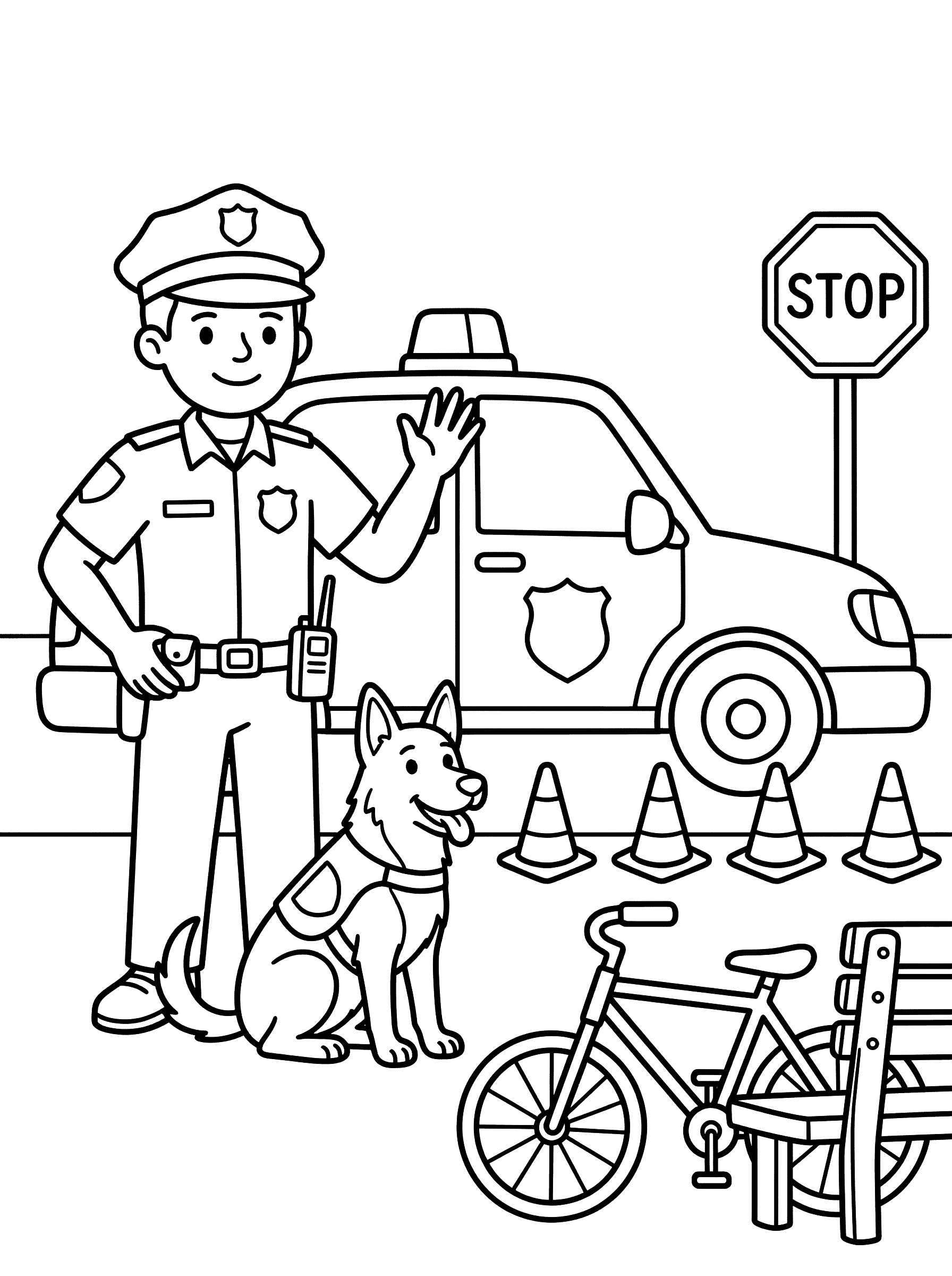 Police Officer with Patrol Car and K9 Dog Coloring Page
