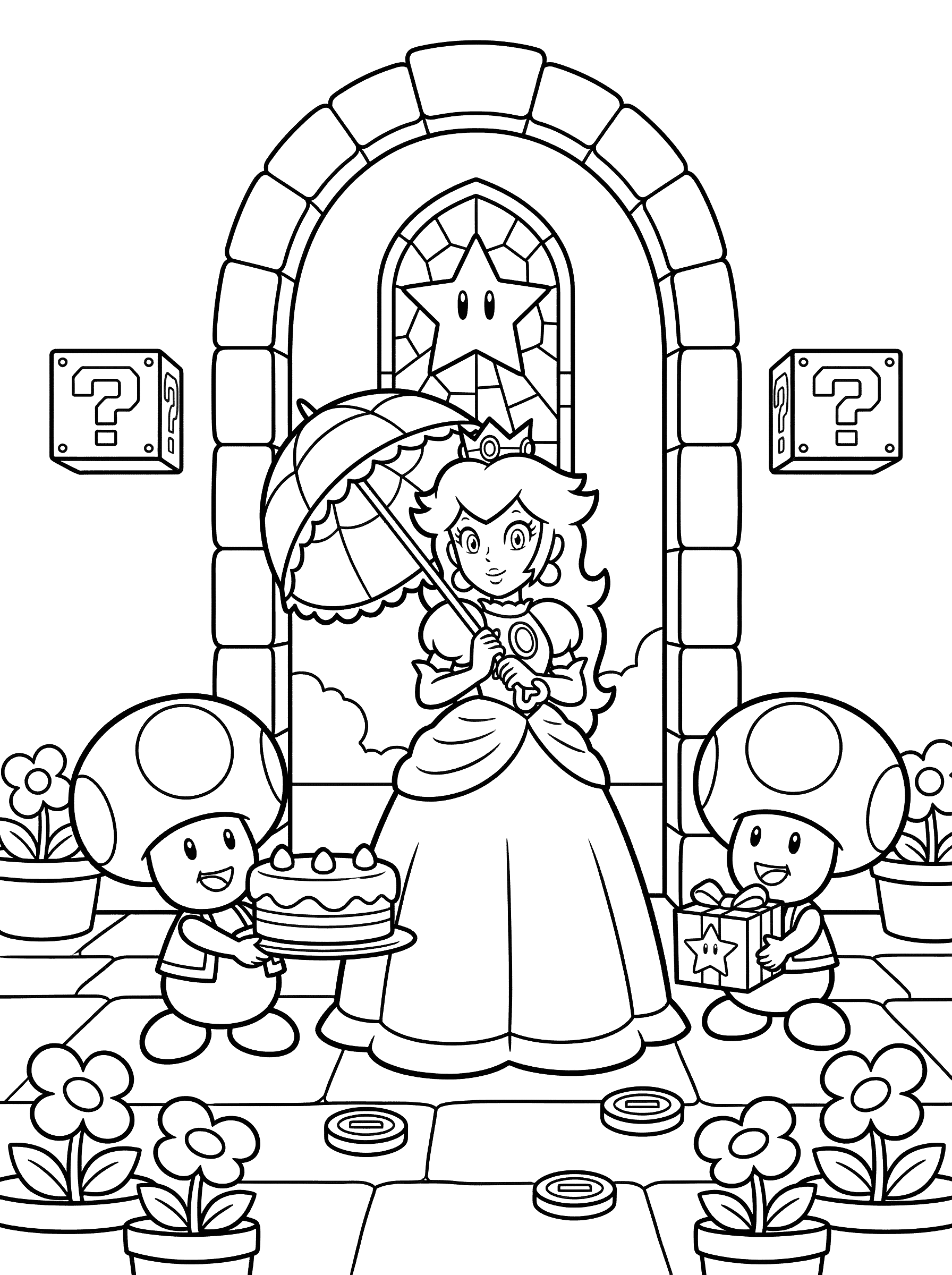 Princess Peach Castle Courtyard with Toads Coloring Page