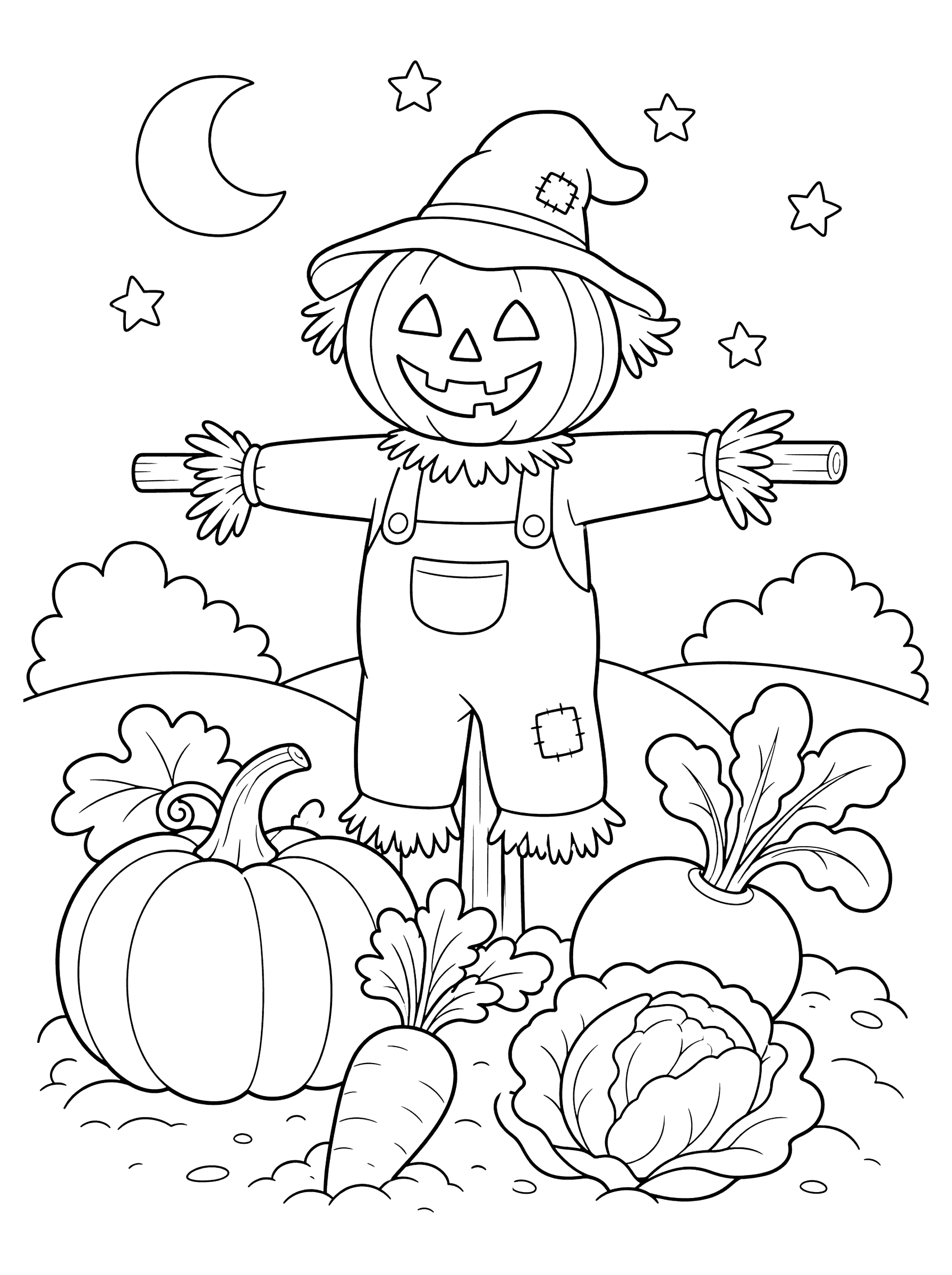 Pumpkin-Headed Scarecrow Guarding Garden Coloring Page