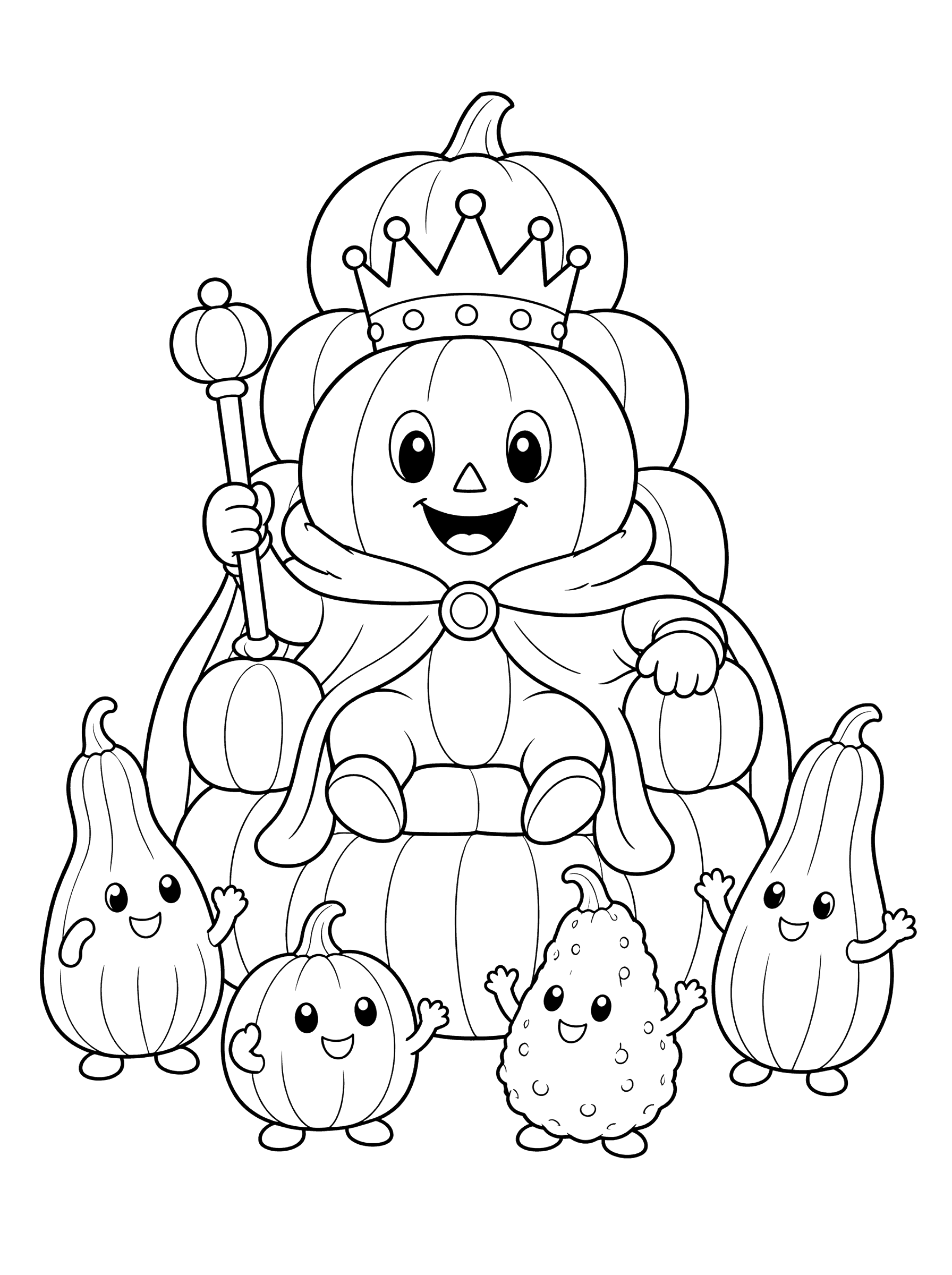 Pumpkin King With Crown And Cape On Throne Coloring Page