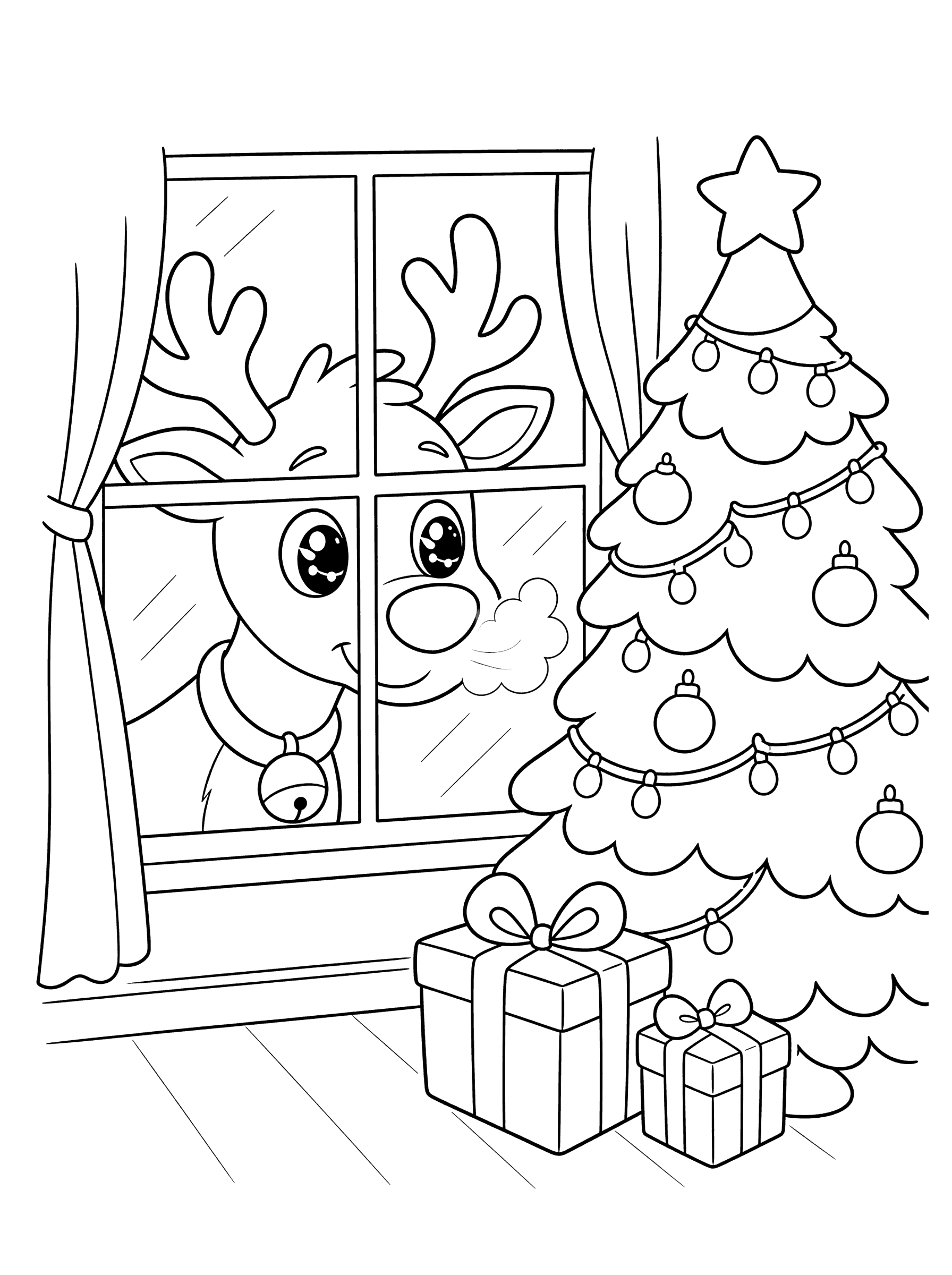 Reindeer Peeking Into House Window Coloring Page