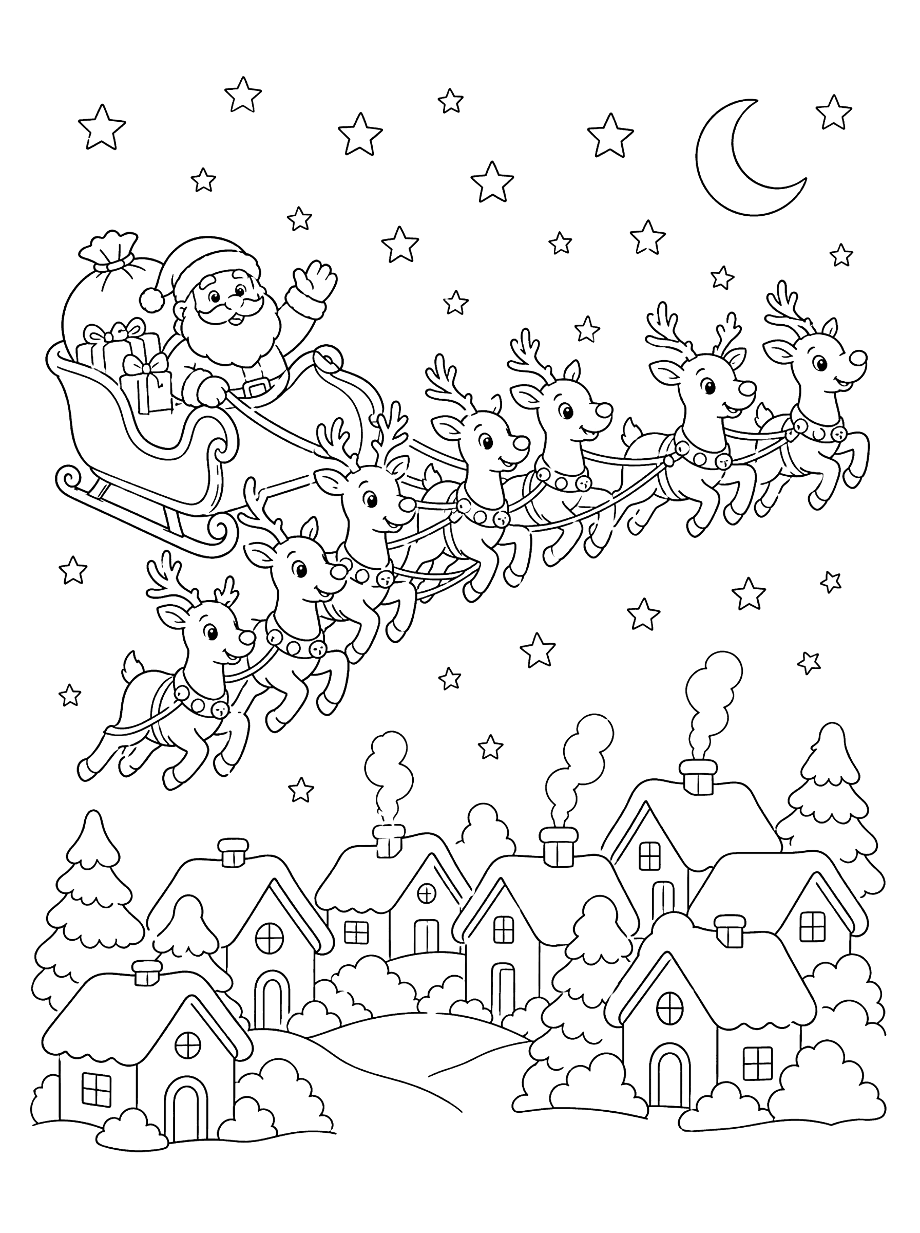 Reindeer Sleigh Team Flying Over Rooftops Coloring Page