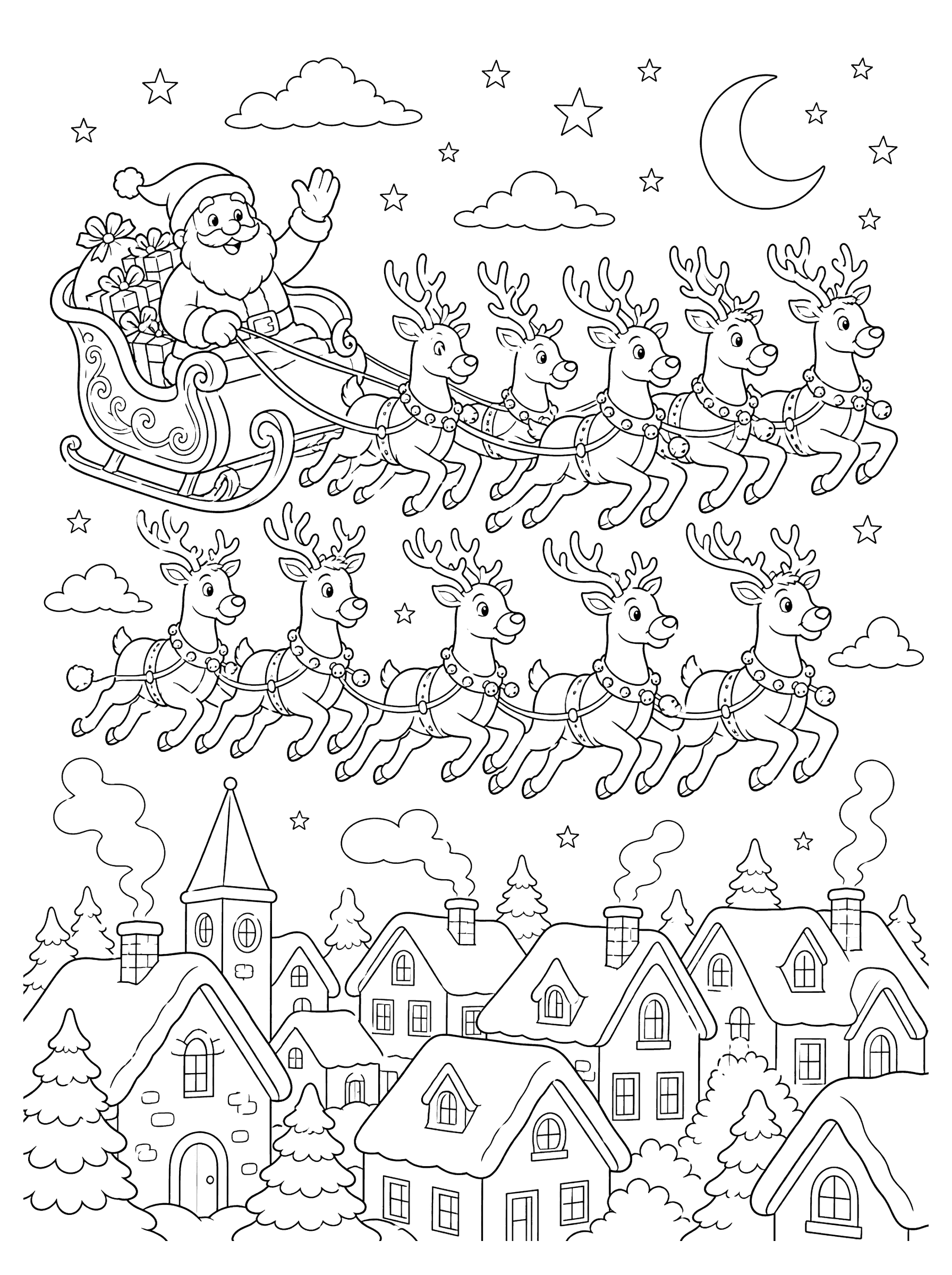 Reindeer Team Flying Over Sleeping Town Coloring Page