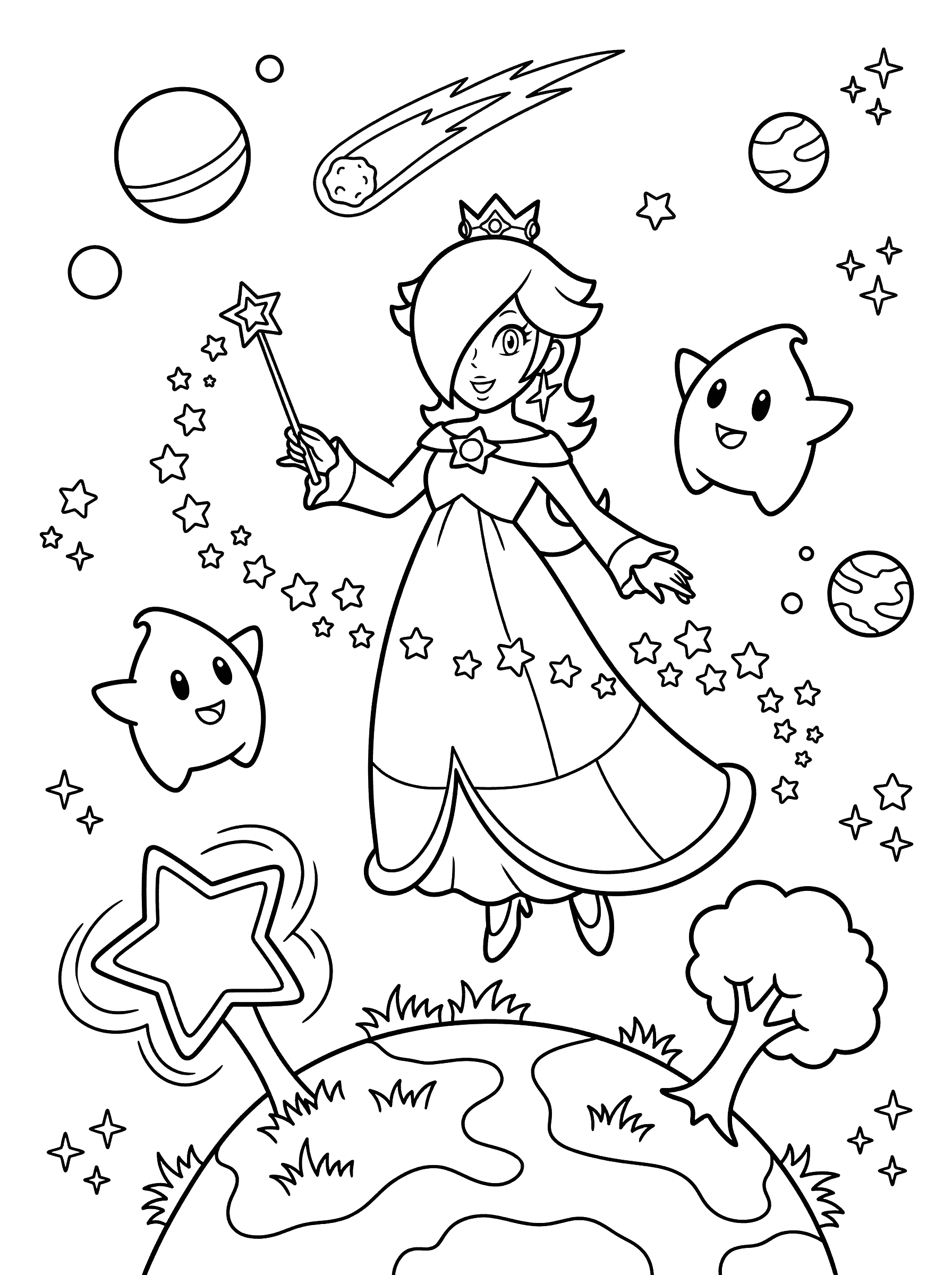 Rosalina With Lumas In Space Coloring Page