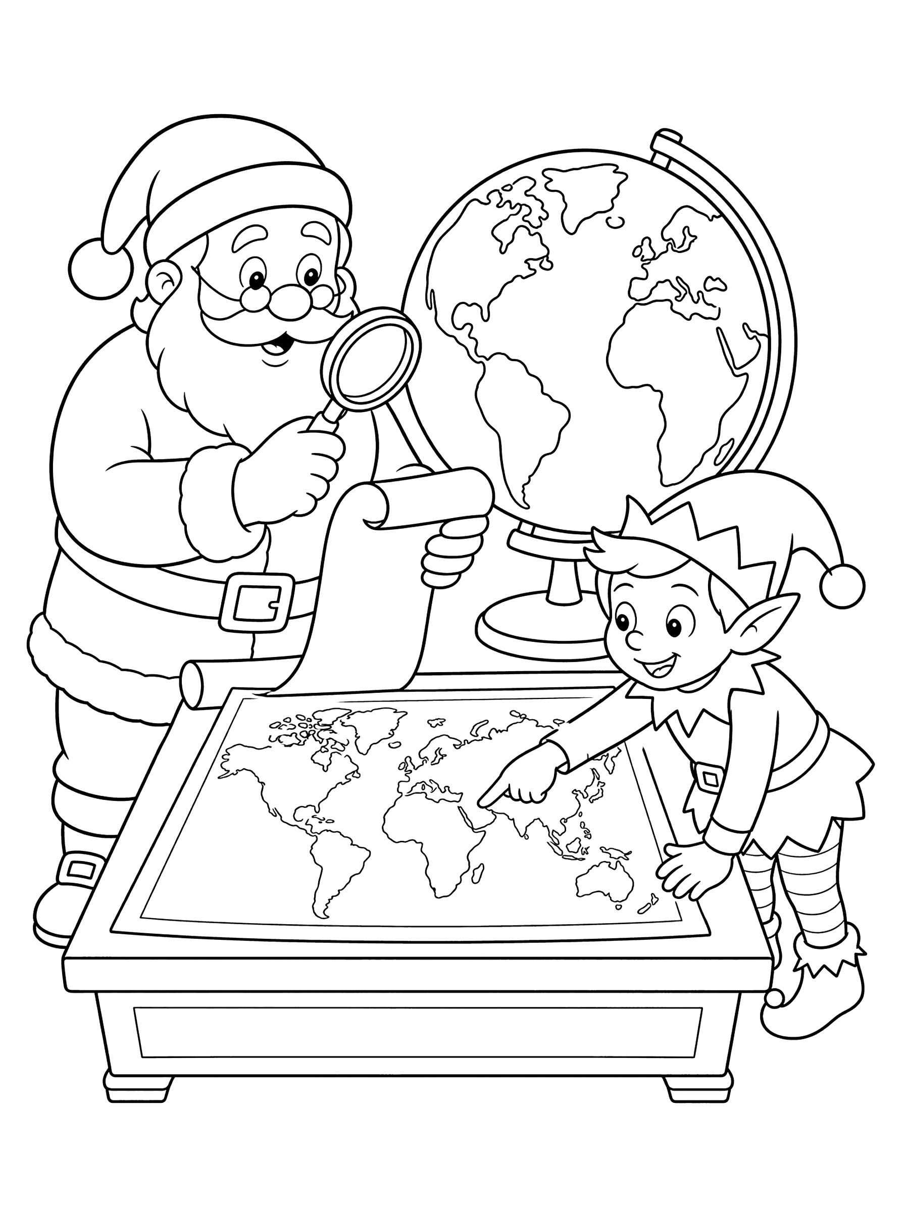 Santa Checking His List by the Globe Coloring Page