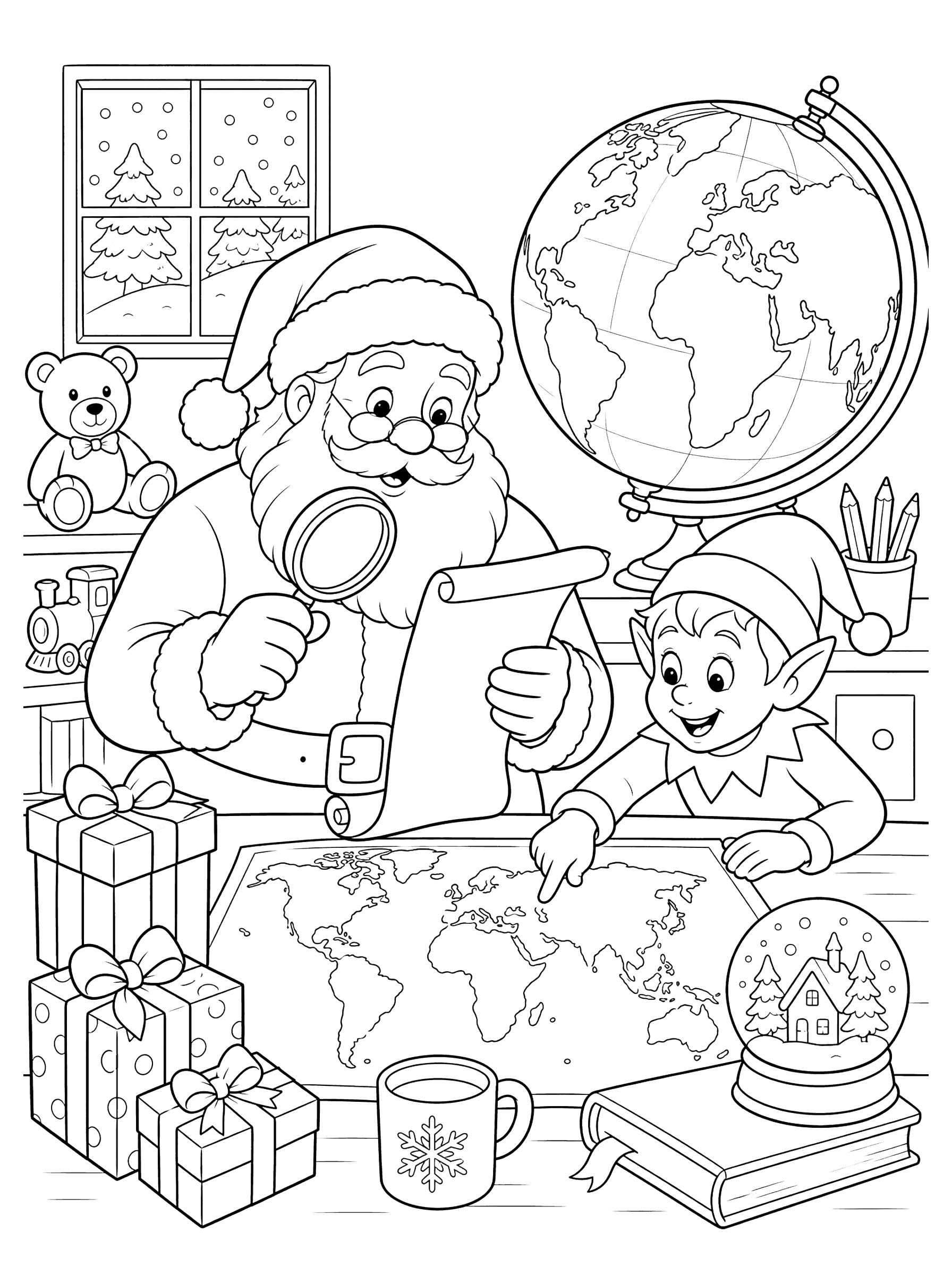 Santa Checking His List With Globe And Map Coloring Page