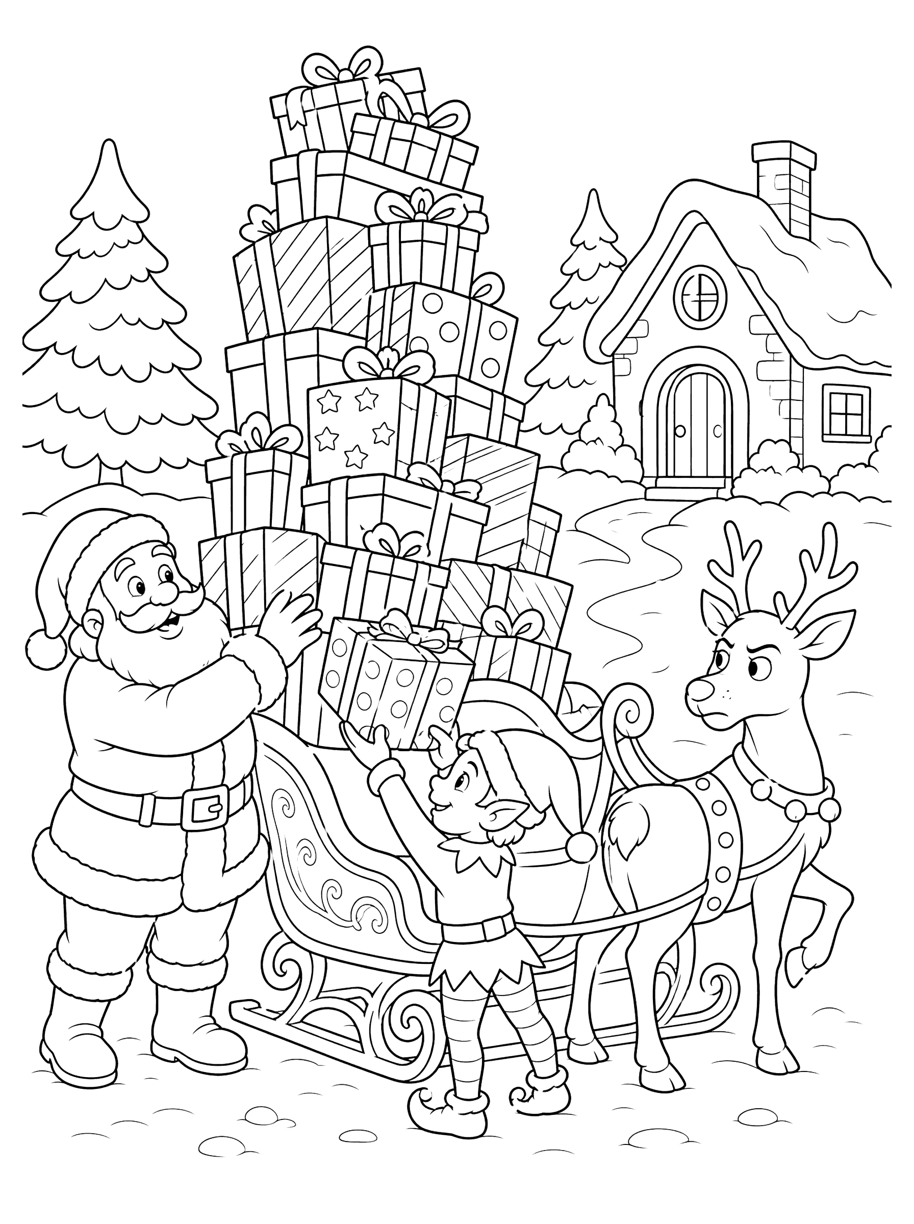 Santa Loading Sleigh With Tall Stack Of Presents Coloring Page
