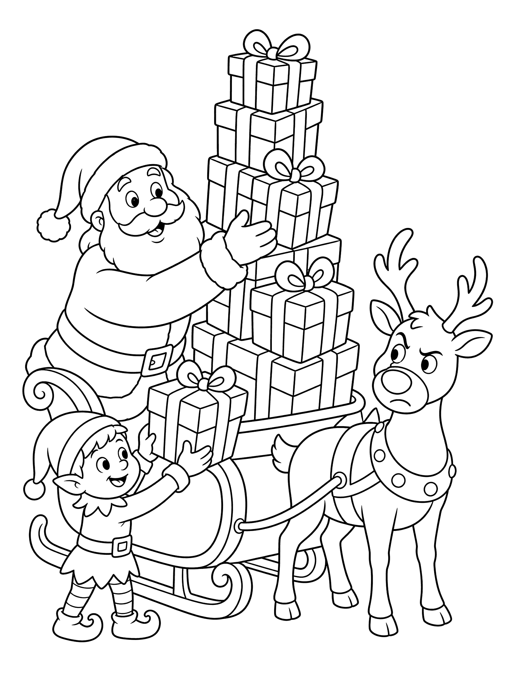 Santa Loading Sleigh With Tall Stack Of Presents Coloring Page