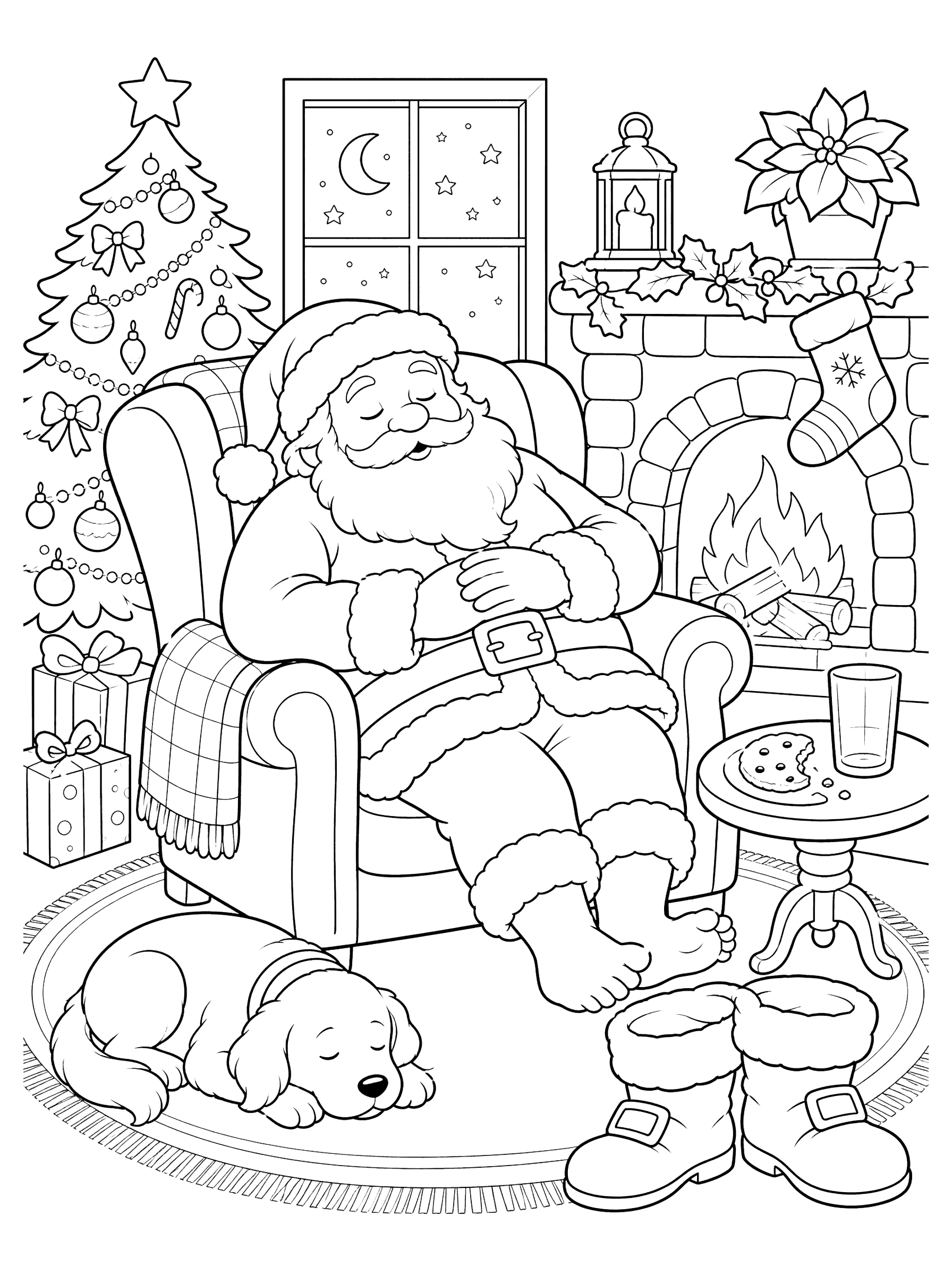 Santa Napping By The Fire Coloring Page