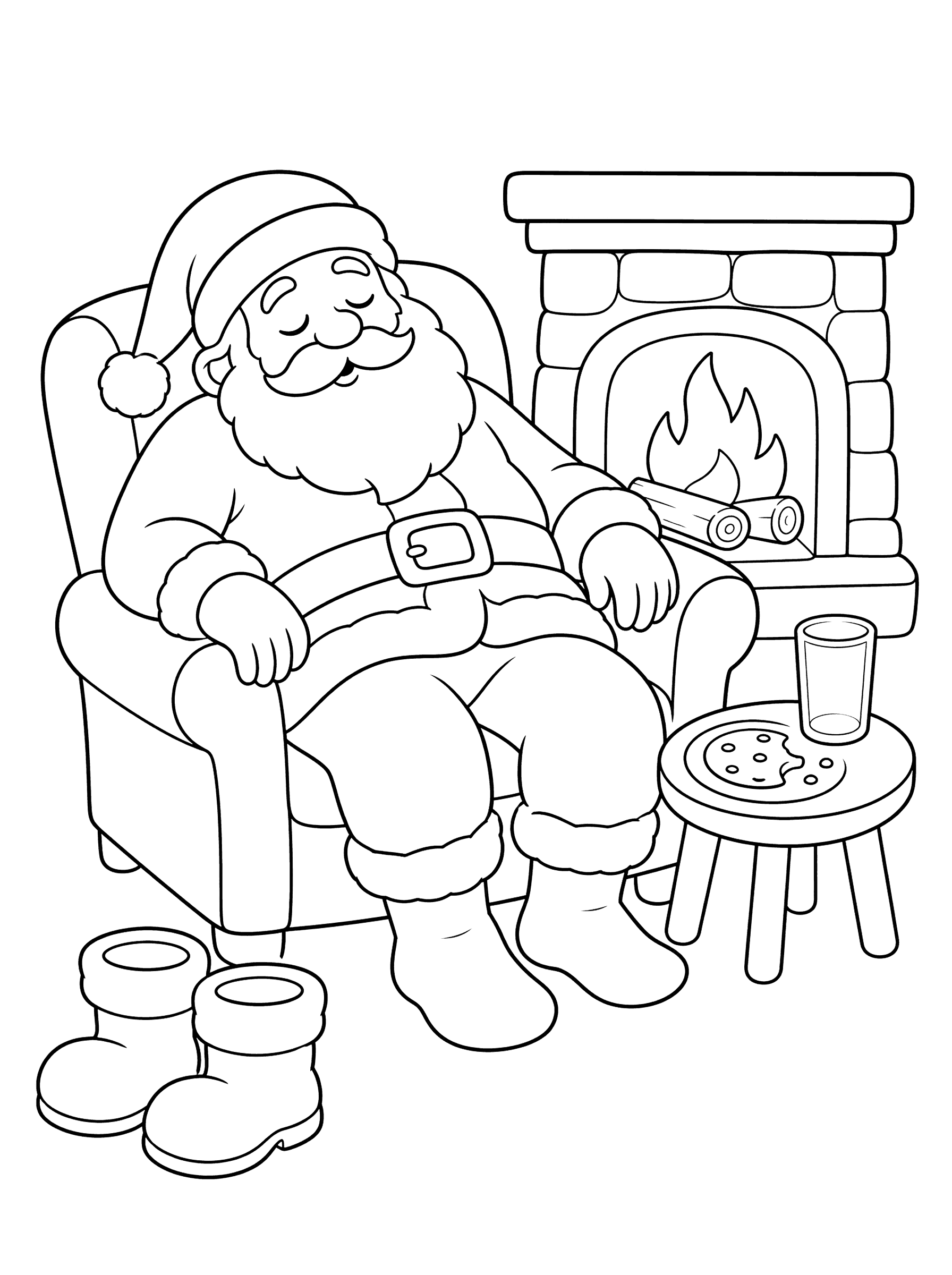 Santa Napping By The Fireplace Coloring Page