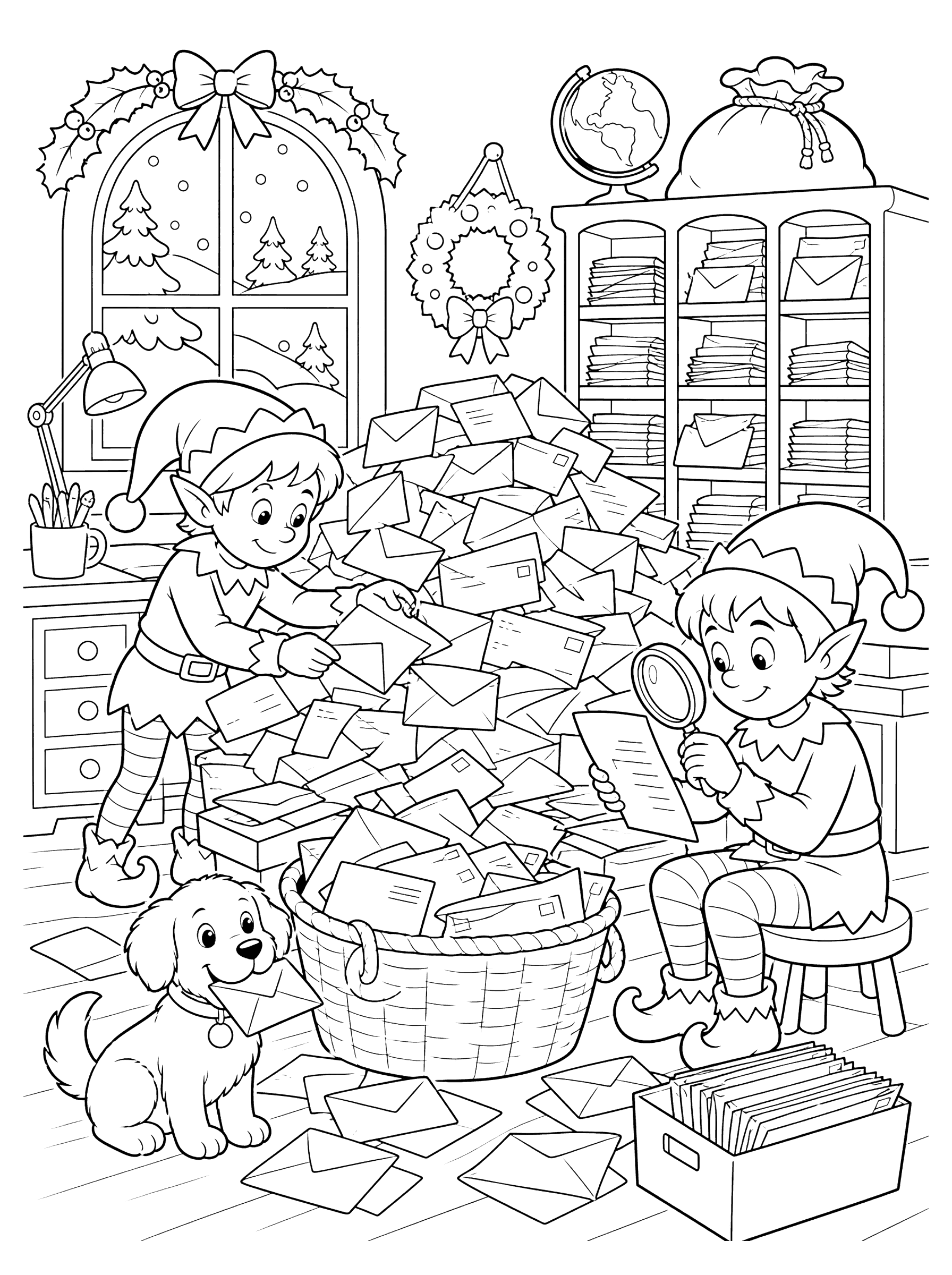 Santa's Workshop Mailroom with Elves Sorting Letters Coloring Page