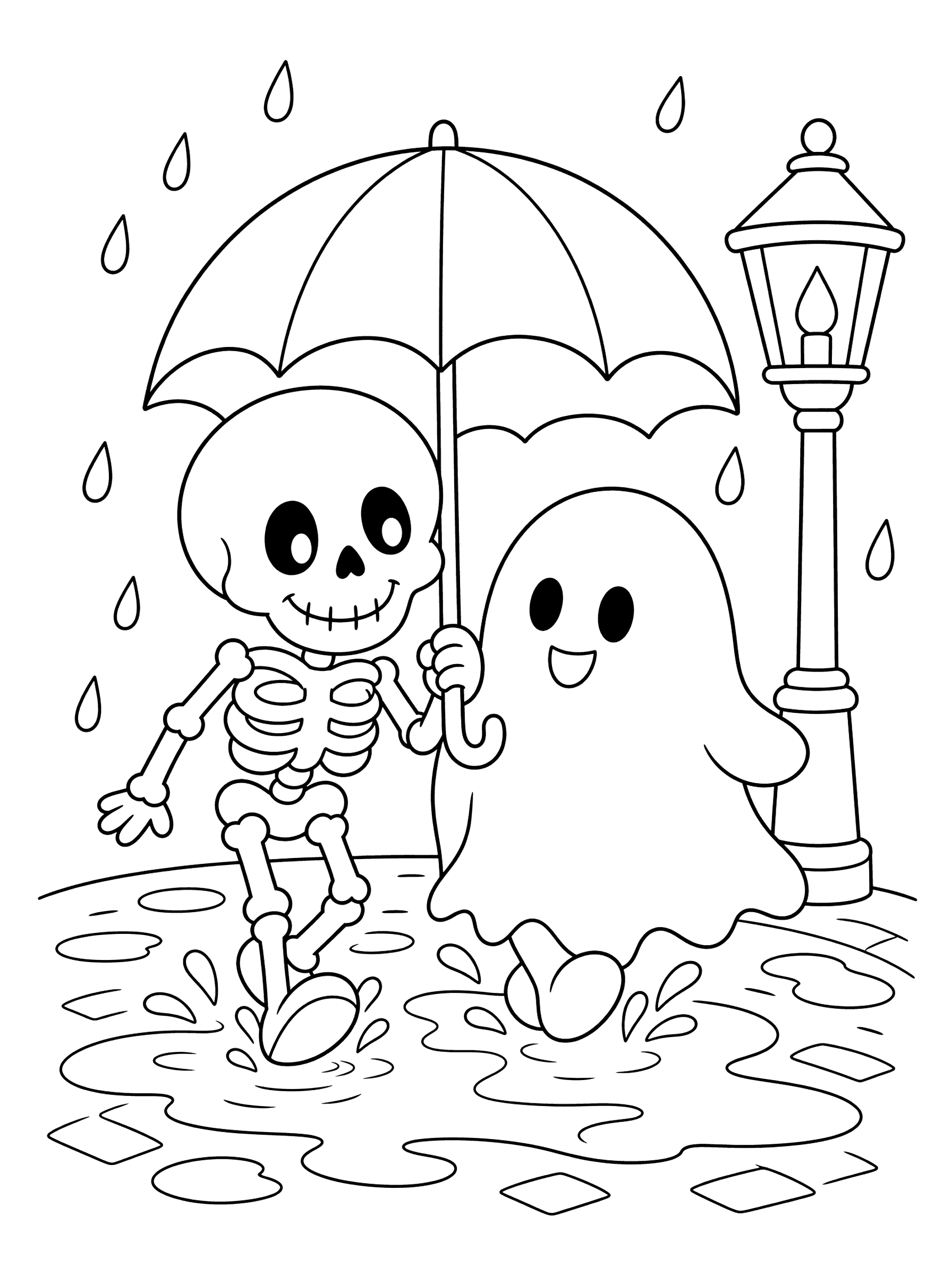 Skeleton And Ghost Sharing An Umbrella Coloring Page